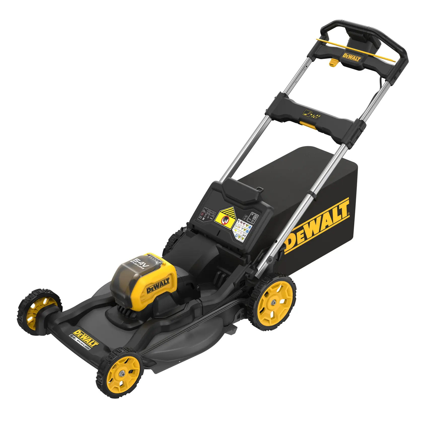 DEWALT Akku-Rasenmäher in Gelb-Schwarz, großer hinterer Behälter und stabile Räder.