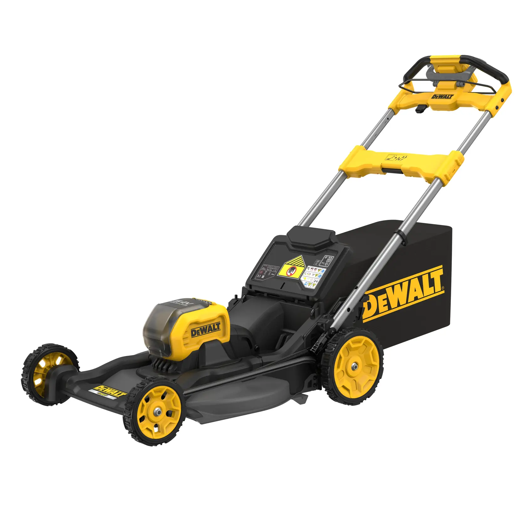 DEWALT Akku-Rasenmäher mit gelb-schwarzem Gehäuse, verstellbarem Griff und Grasfangkorb.