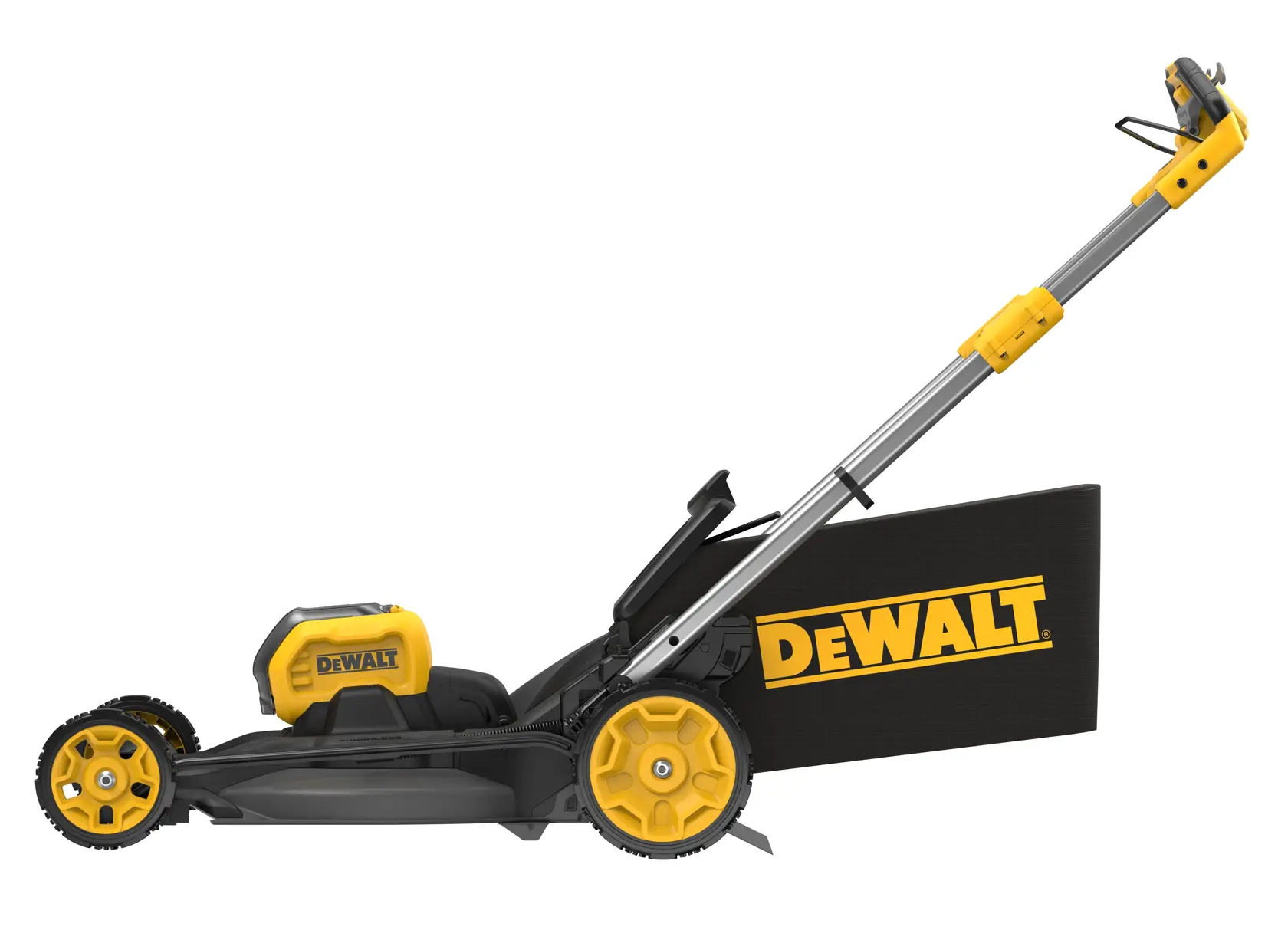 DEWALT kabelloser Rasenmäher in Gelb-Schwarz mit Grasfangsack, Seitenansicht.