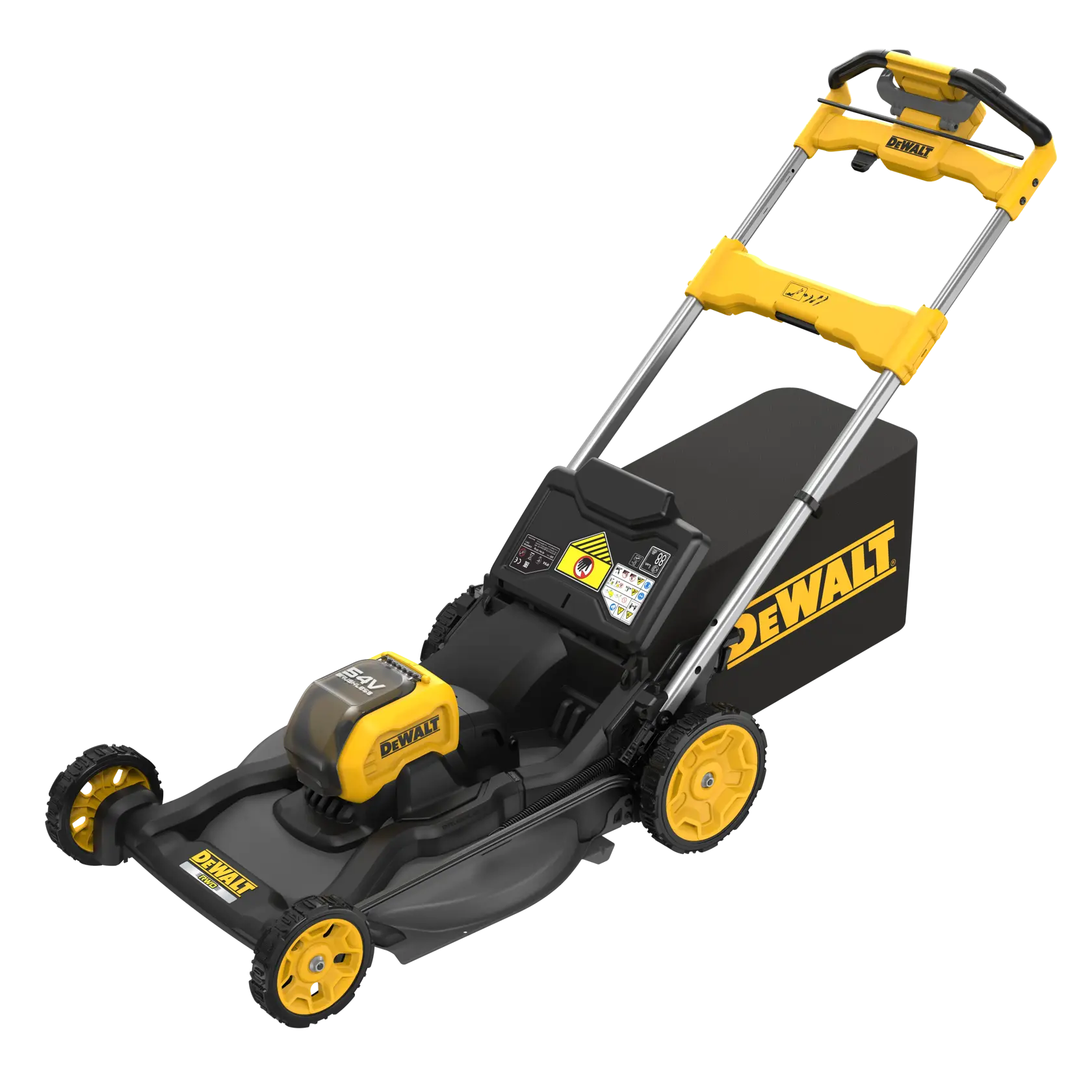 DEWALT kabelloser Rasenmäher in Gelb-Schwarz mit Grasfangkorb.