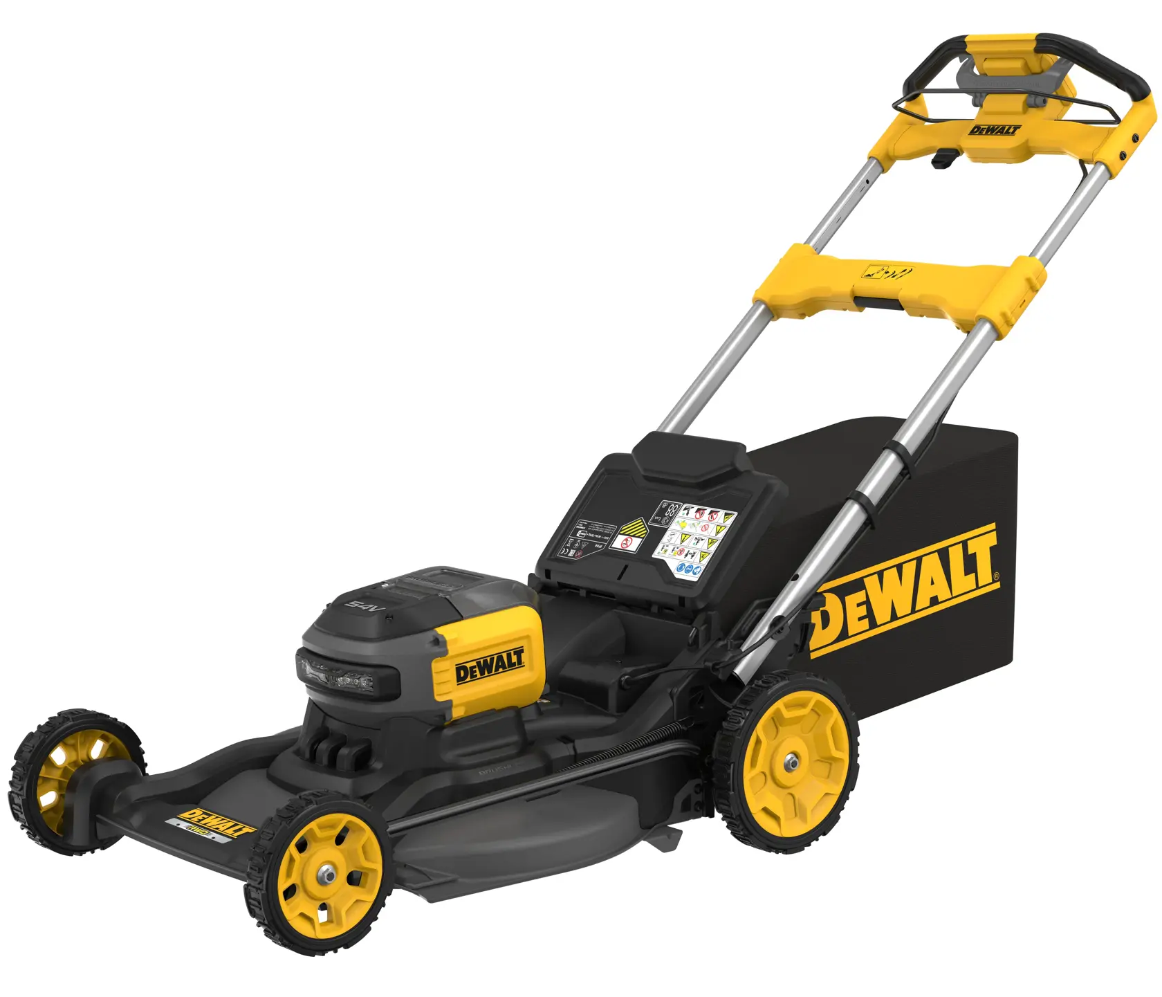 DEWALT Akku-Rasenmäher in Gelb und Schwarz mit Grasfangkorb.
