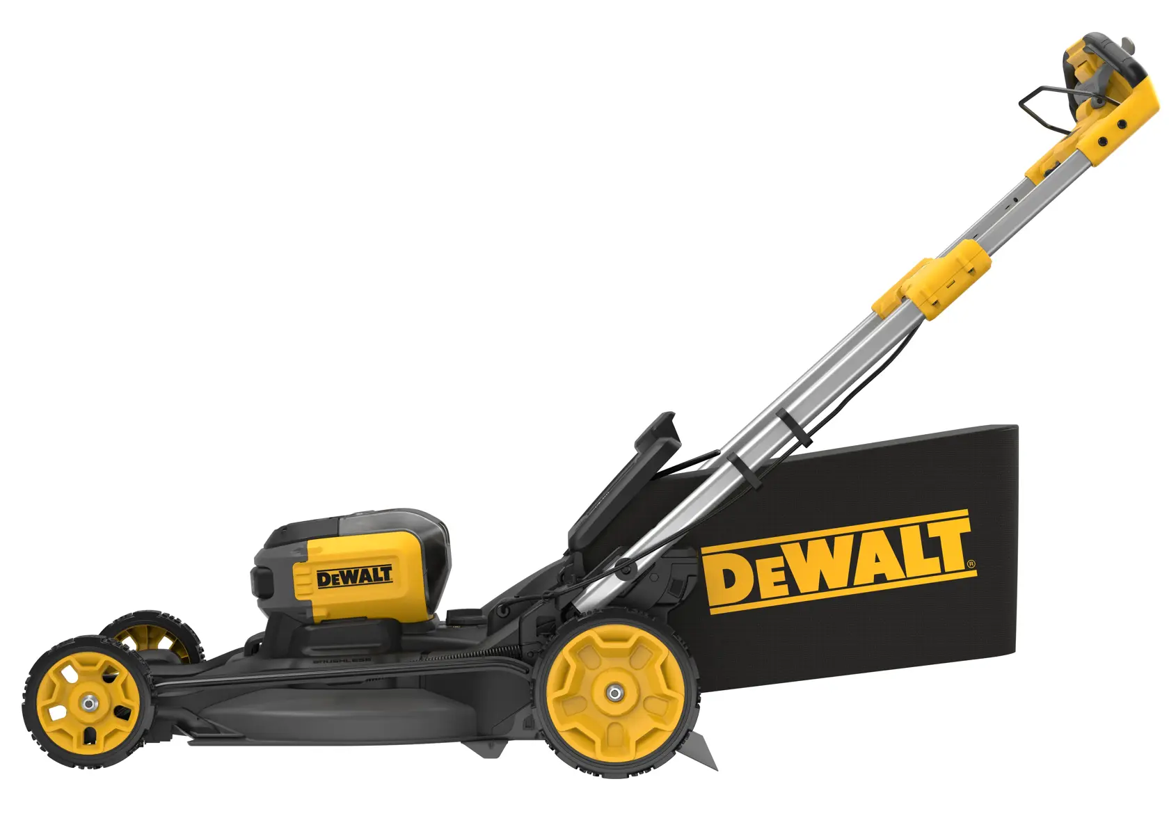 DEWALT Akku-Rasenmäher in Gelb-Schwarz, Seitenansicht mit Grasfangbox.