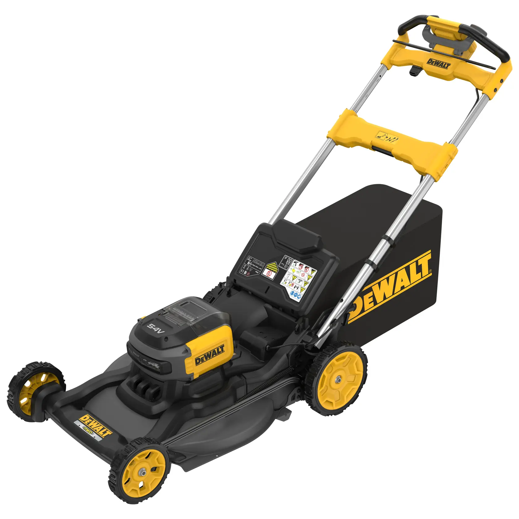 DEWALT Akku-Rasenmäher in Gelb-Schwarz mit großen Rädern und Grasfangkorb hinten.