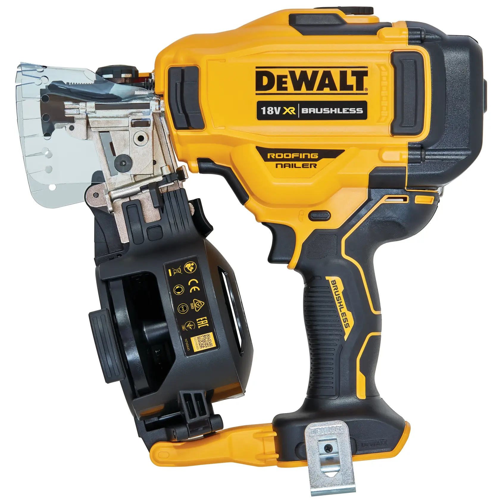 DEWALT 18V XR brushless roofing nailer tool in yellow and black color, shown from the side.