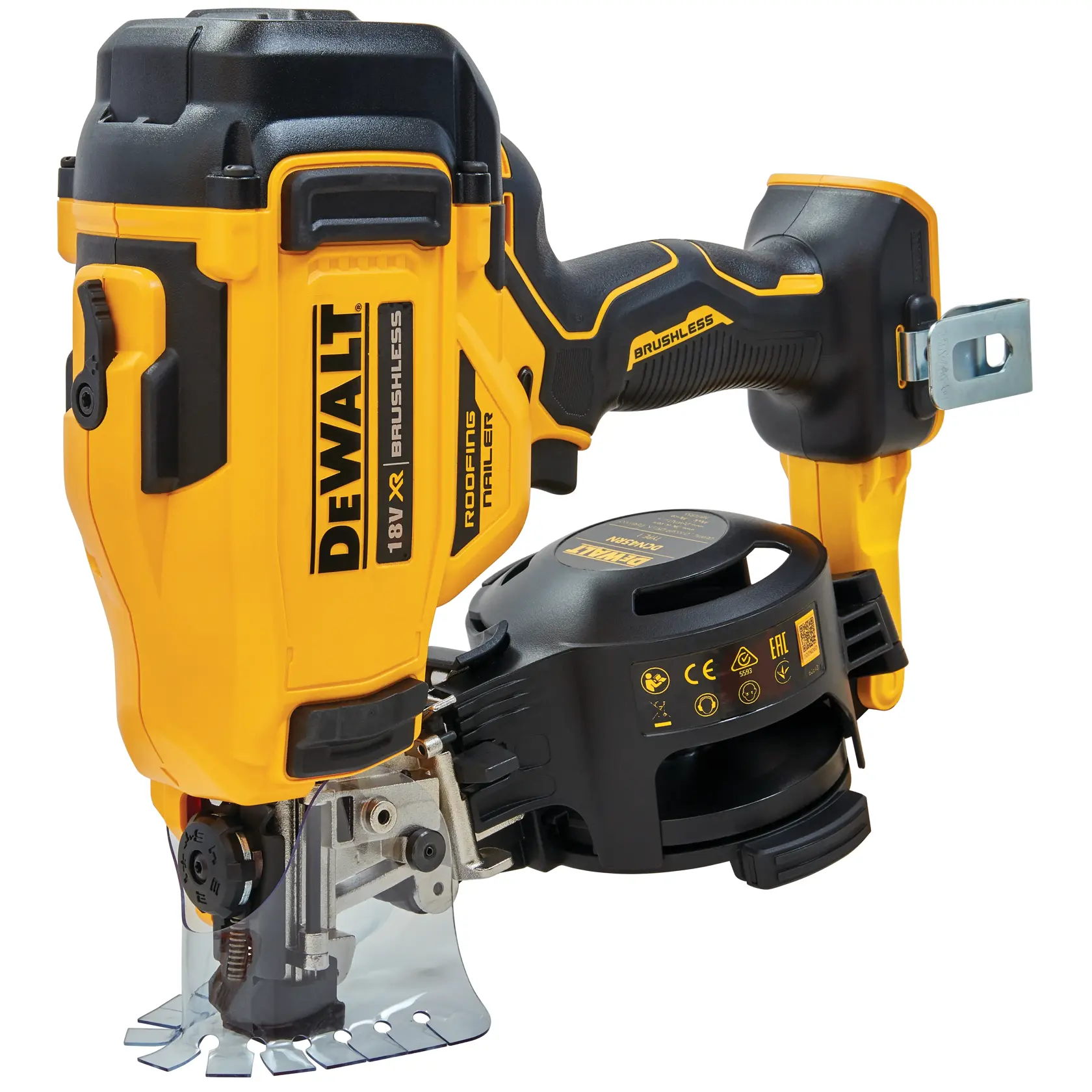 DEWALT 18V XR brushless roofing nailer tool in yellow and black, shown from the side with clear branding.