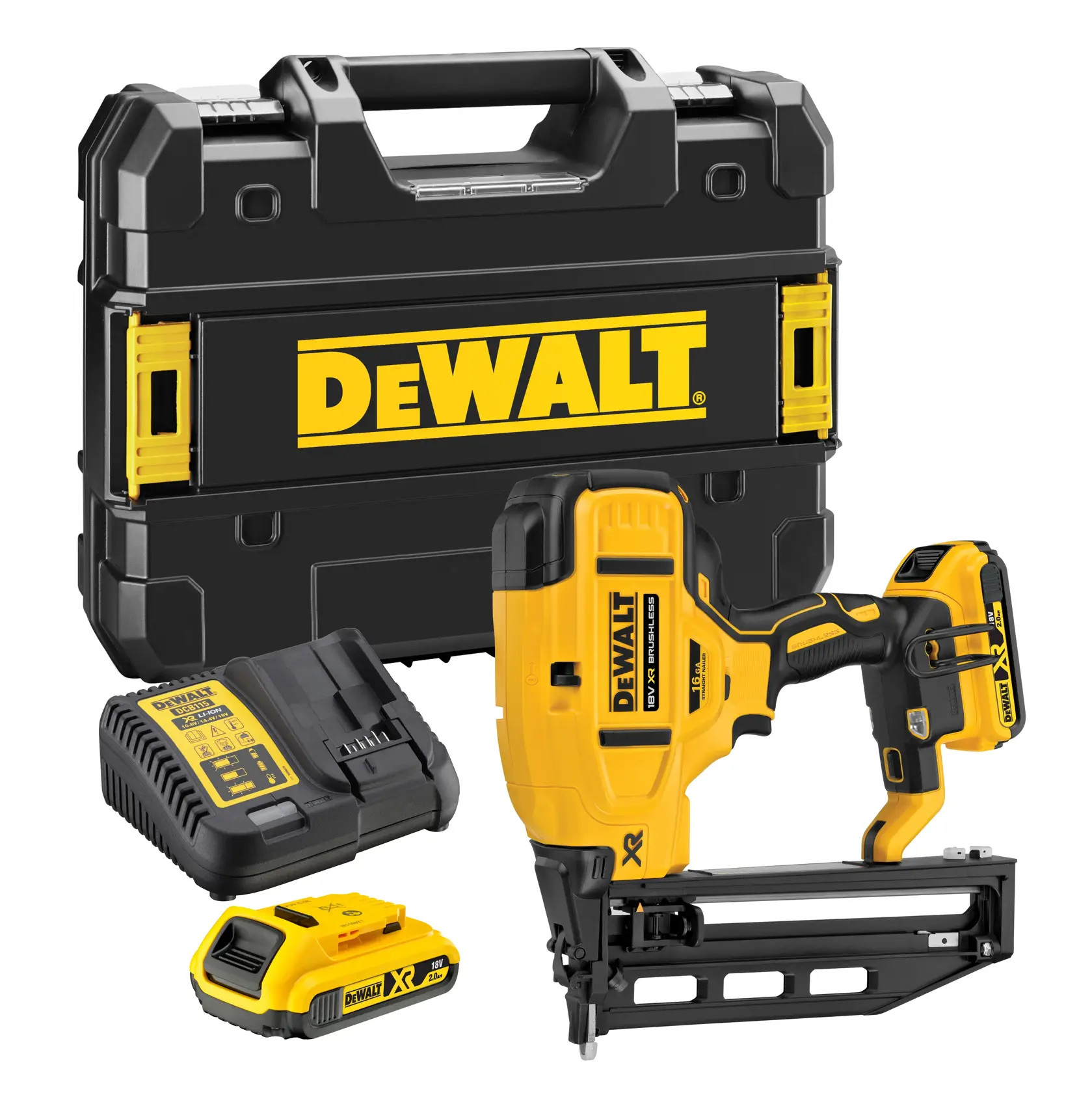 DeWalt cordless nailer kit with yellow tool, battery, charger, and black carrying case.
