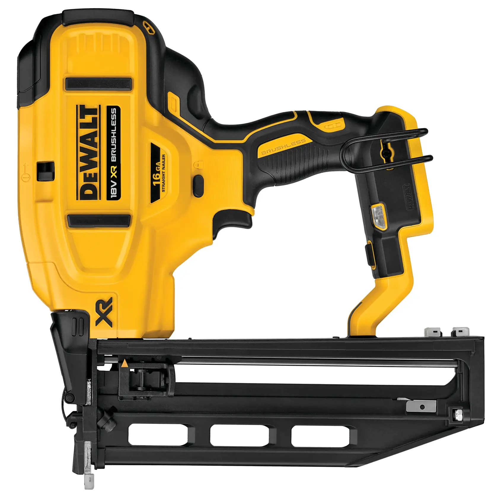 Clavadora DEWALT 18V XR sin escobillas, amarilla y negra, modelo DCN662N para uso profesional.