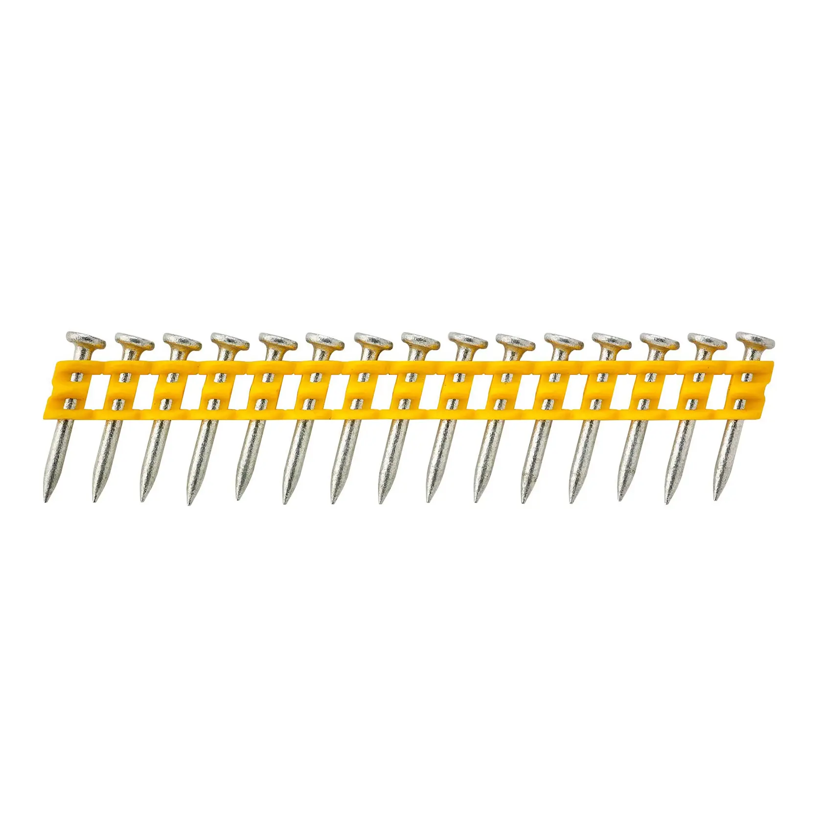 Row of metal nails held in a yellow plastic strip, used for construction or nail guns.