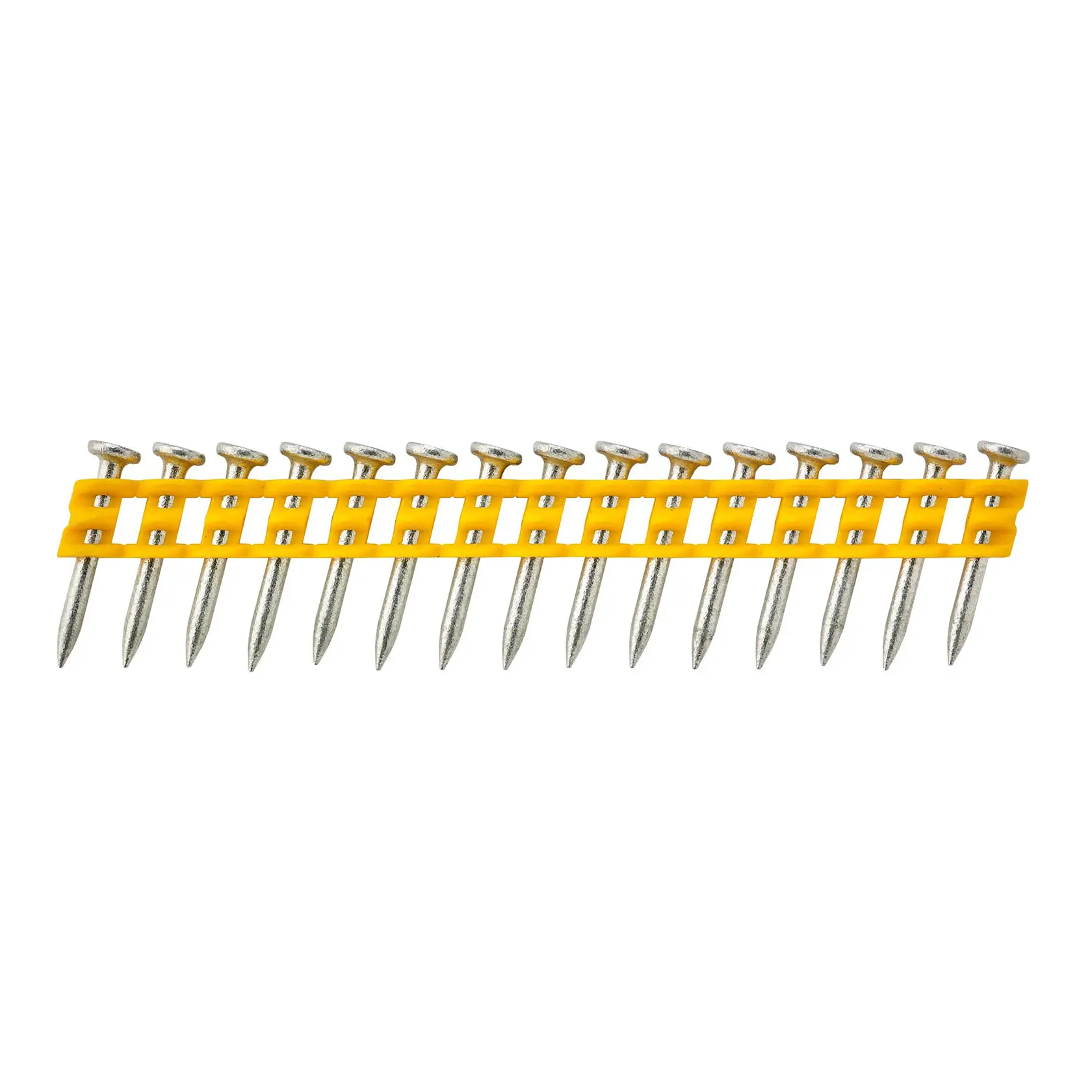Strip of collated nails with a yellow plastic holder for a nail gun, arranged in a row on a white background.