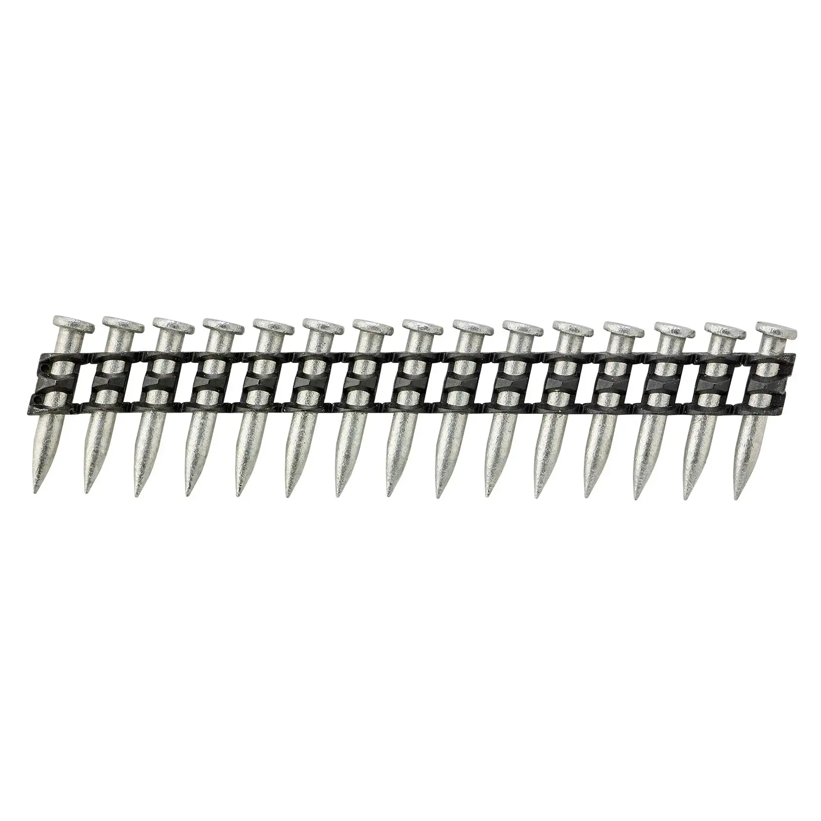 Tira de clavos metálicos sujetos por portador plástico negro, para uso en pistola de clavos.