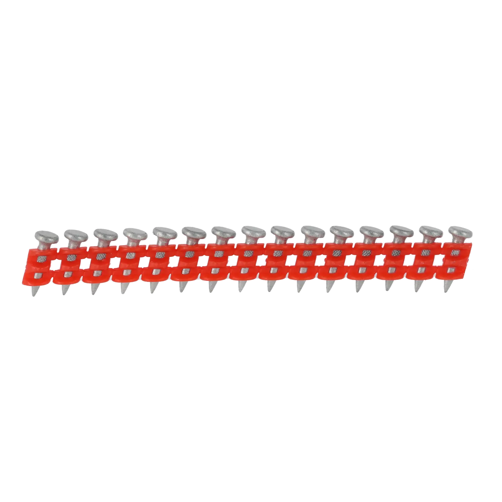 Tira de clavos metálicos en una banda plástica roja, diseñada para pistolas de clavos.