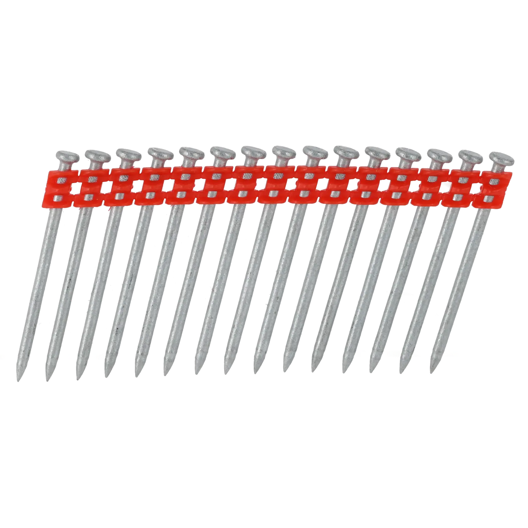 Tira de clavos de acero agrupados con soporte plástico rojo para pistolas de clavos.