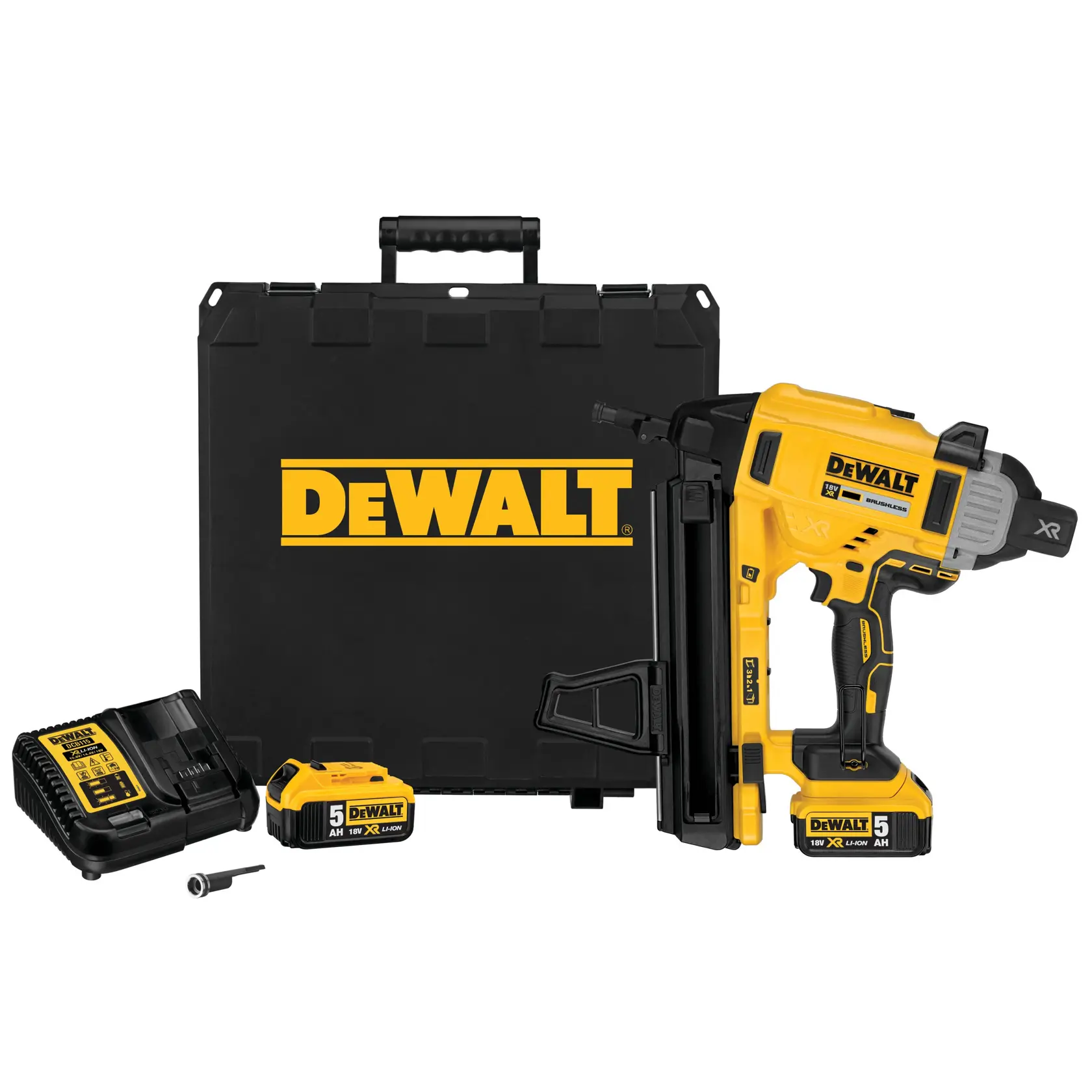 DEWALT nailer kit with tool, case, battery, charger and accessory, all in yellow and black.