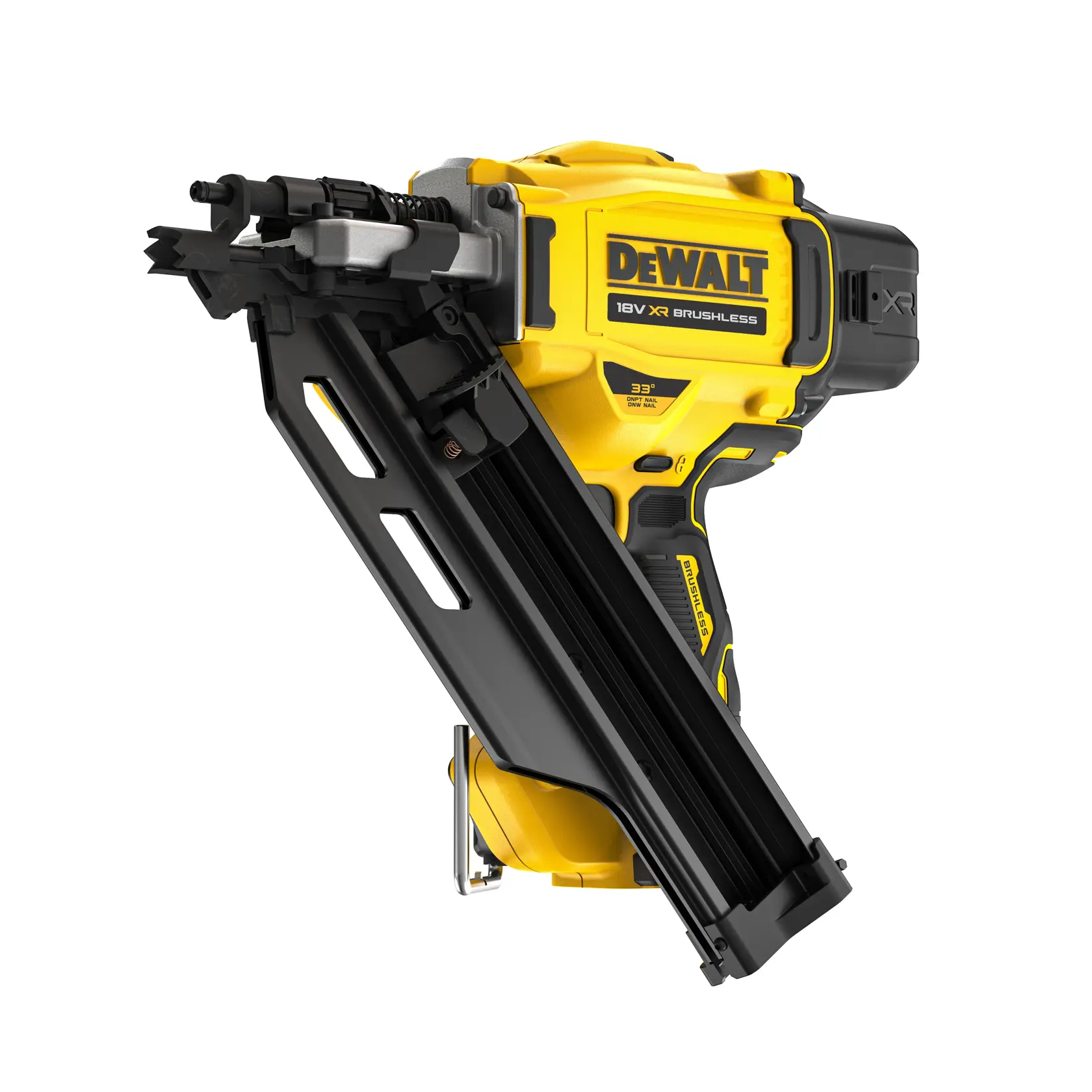 DEWALT 18V XR brushless cordless nail gun with yellow and black body, angled magazine visible.
