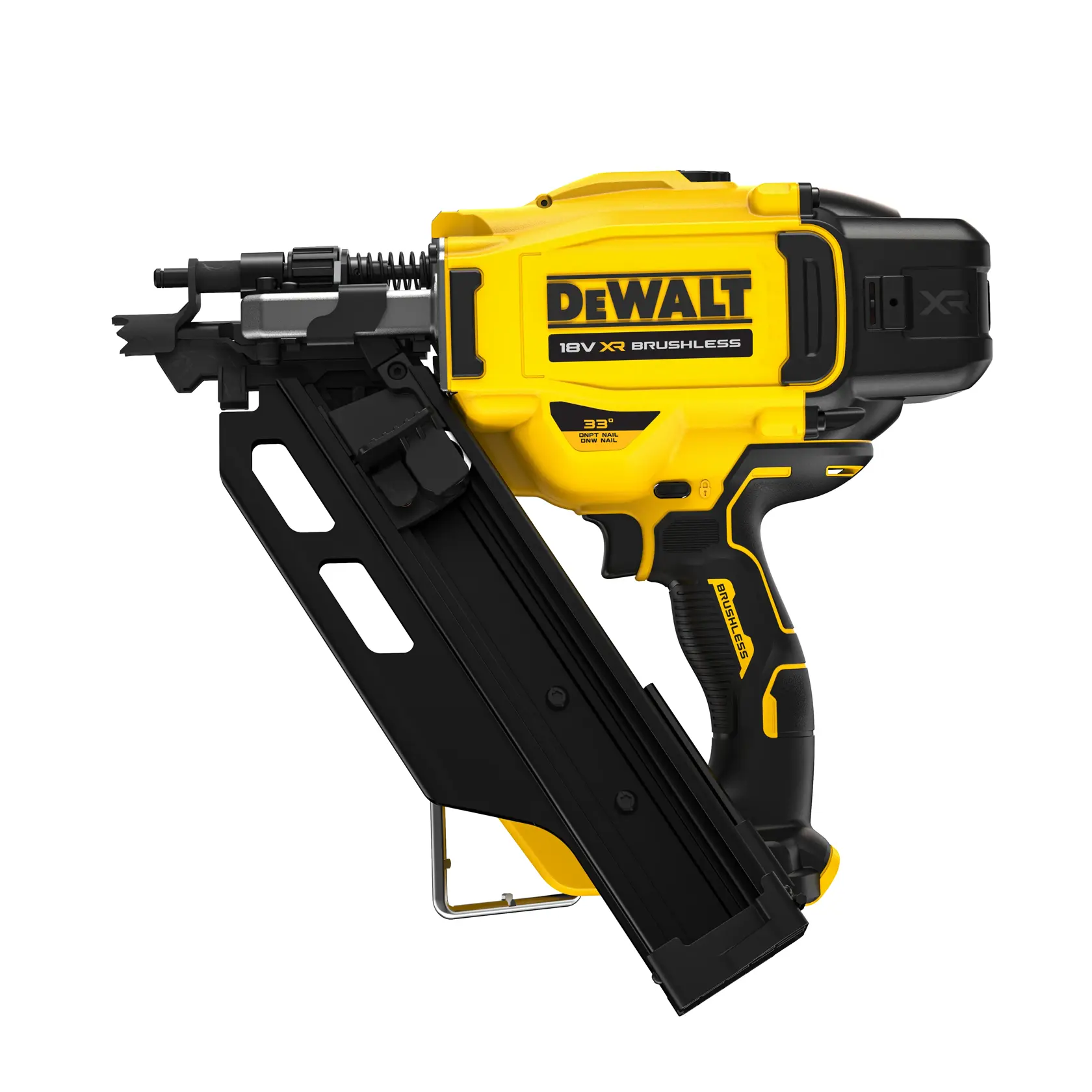 DEWALT 18V XR brushless cordless nail gun with yellow and black design, angled magazine.