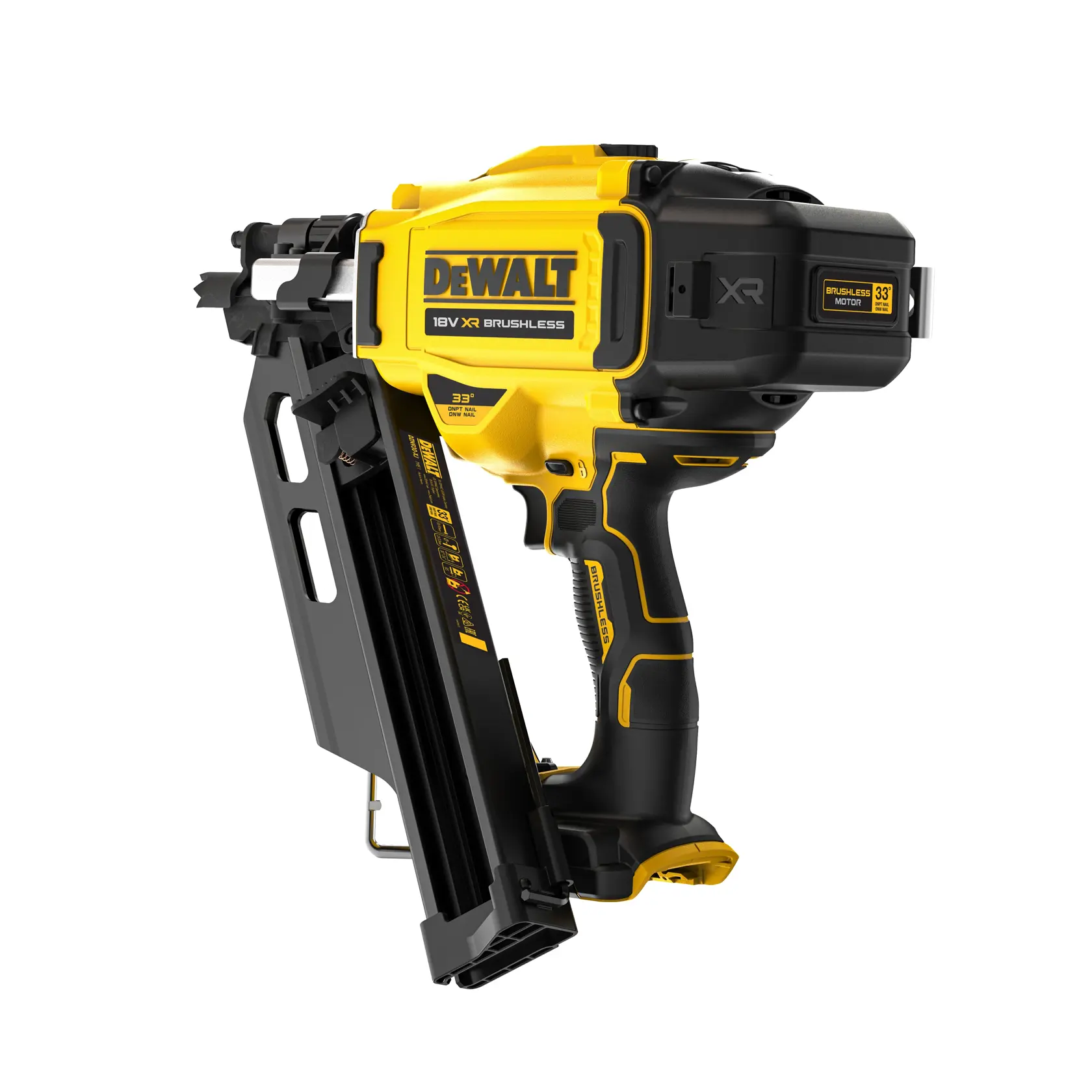 DEWALT DCN930N 18V XR Brushless nail gun, yellow and black, with angled magazine for nails.