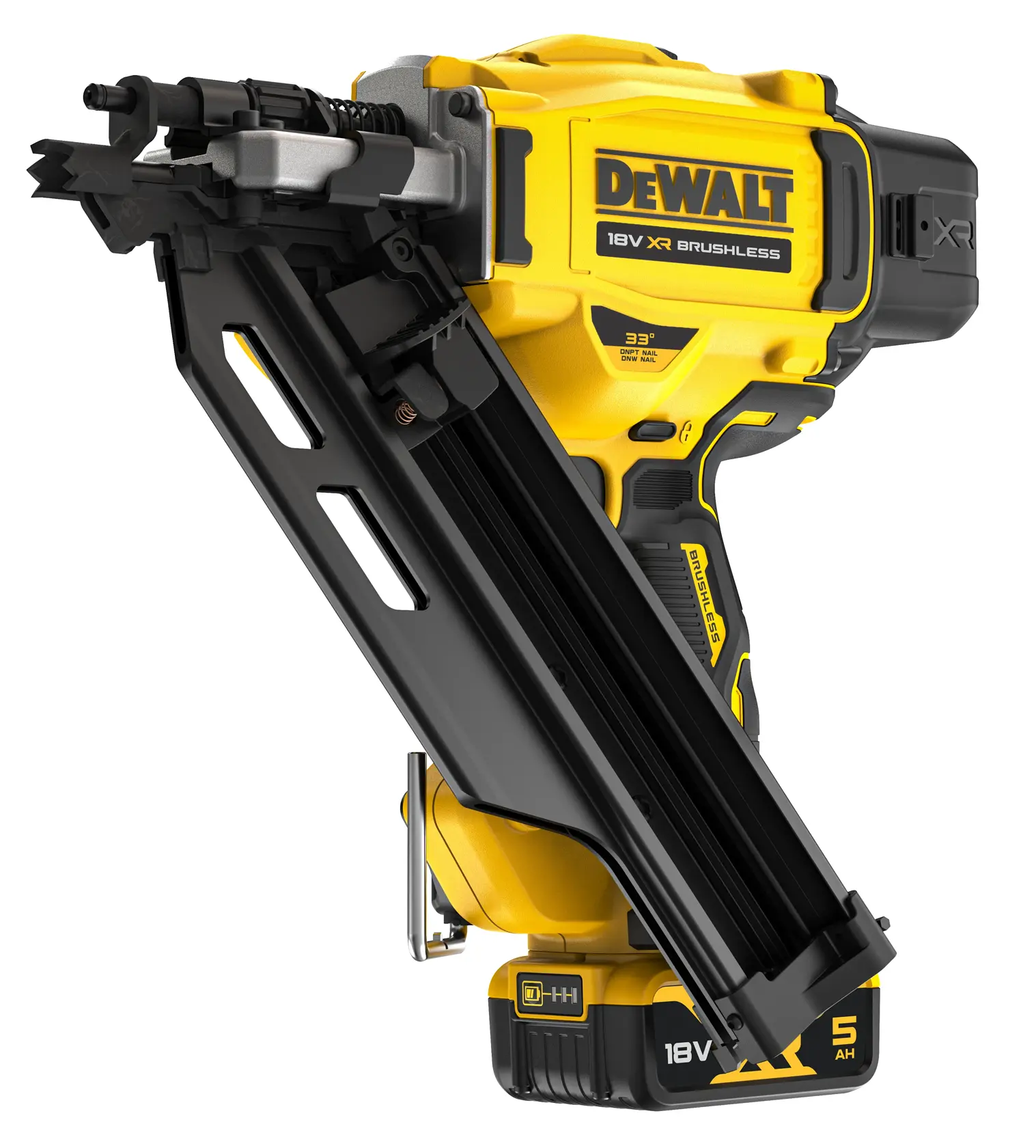 DEWALT 18V XR brushless nail gun with black magazine and yellow body, shown from the side.