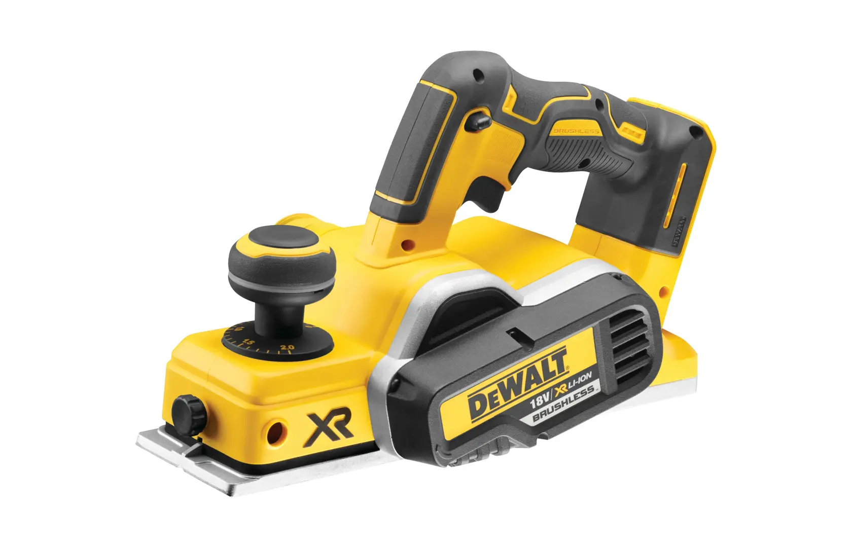 A yellow and black DEWALT cordless planer, model DCP580N-XE, featuring an ergonomic handle and adjustment knob, designed for smoothing wood surfaces.