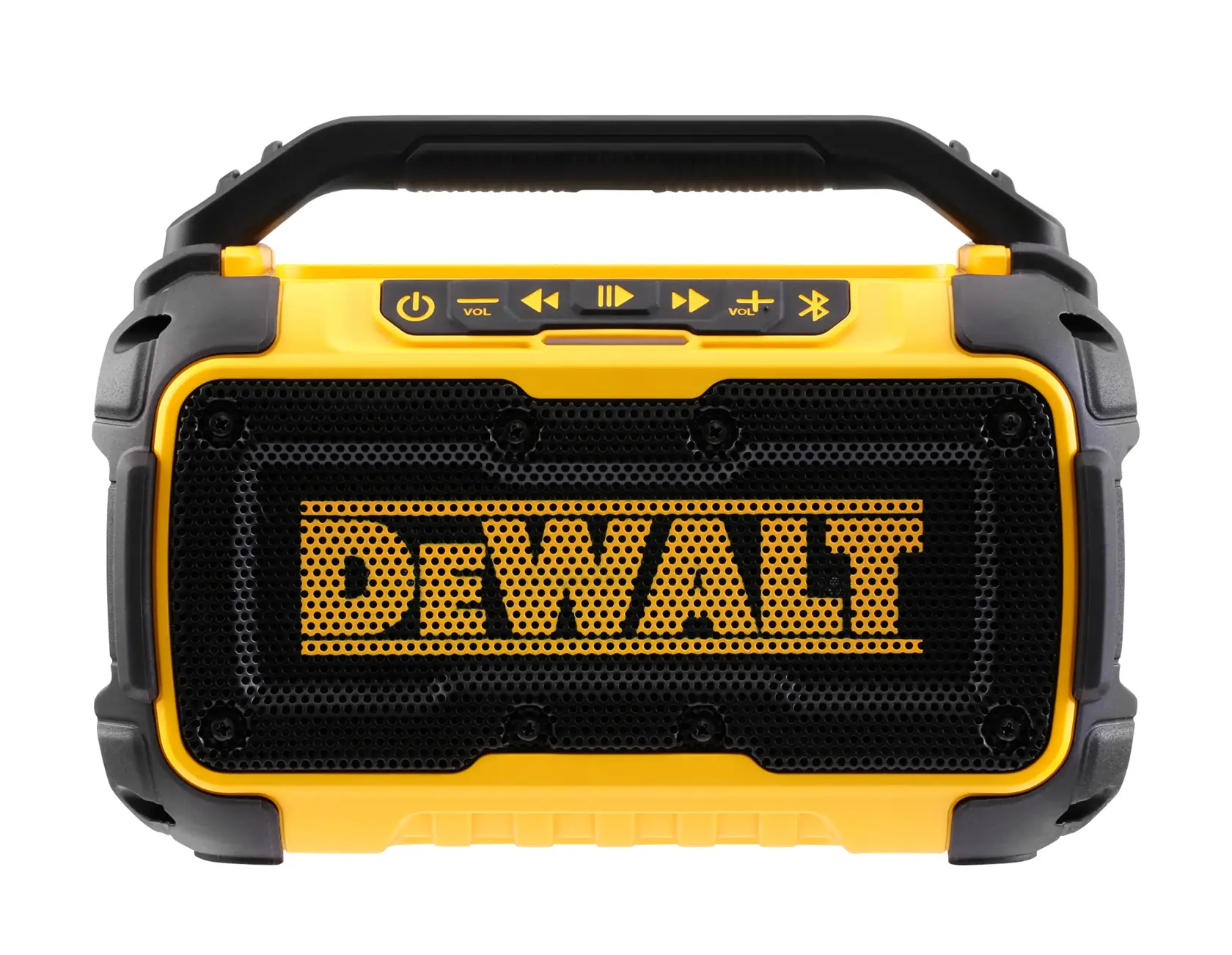 Front view of a DEWALT DCR011 portable yellow Bluetooth speaker with control buttons on top.
