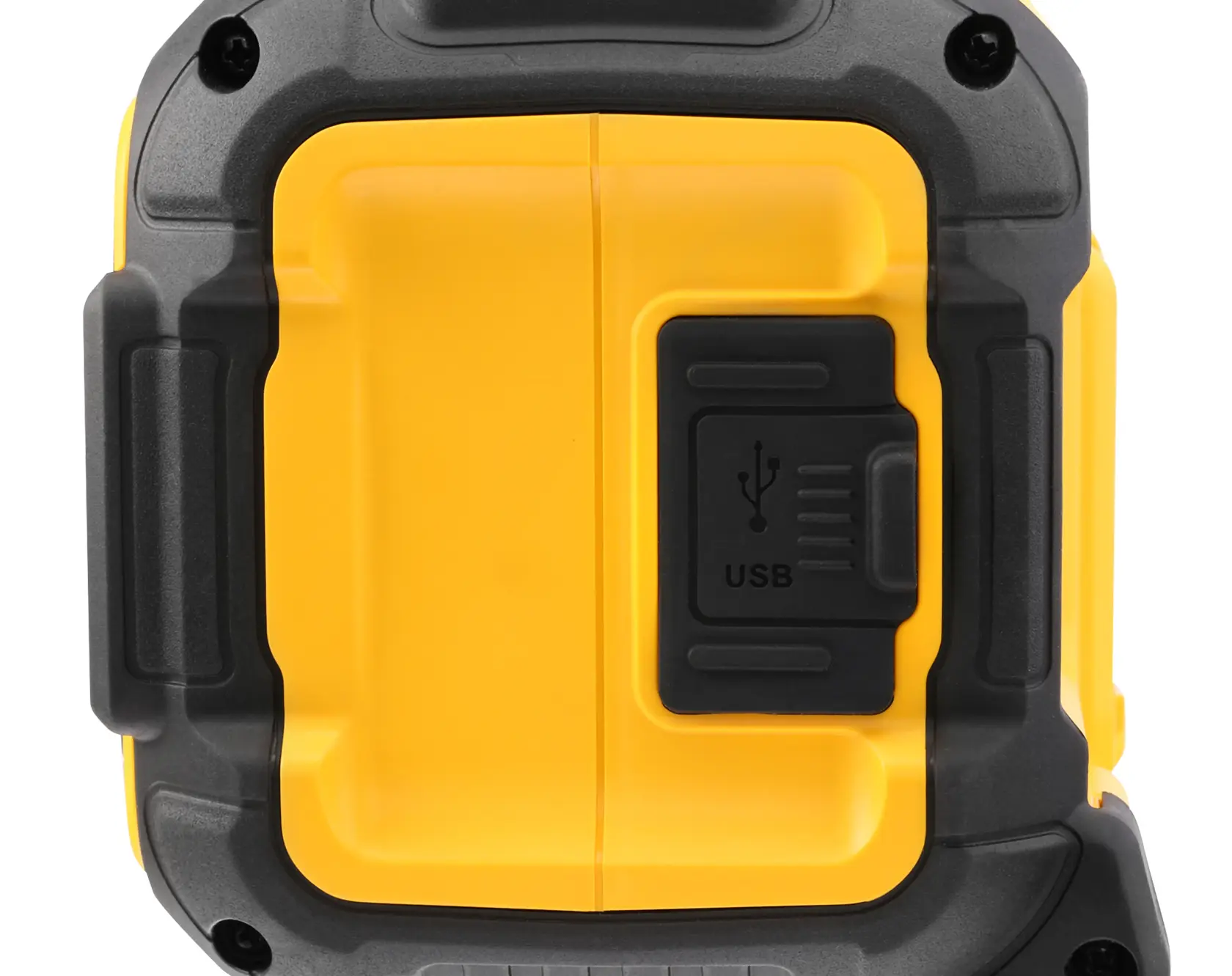 Close-up of DEWALT device showing a USB port cover in black and yellow casing.