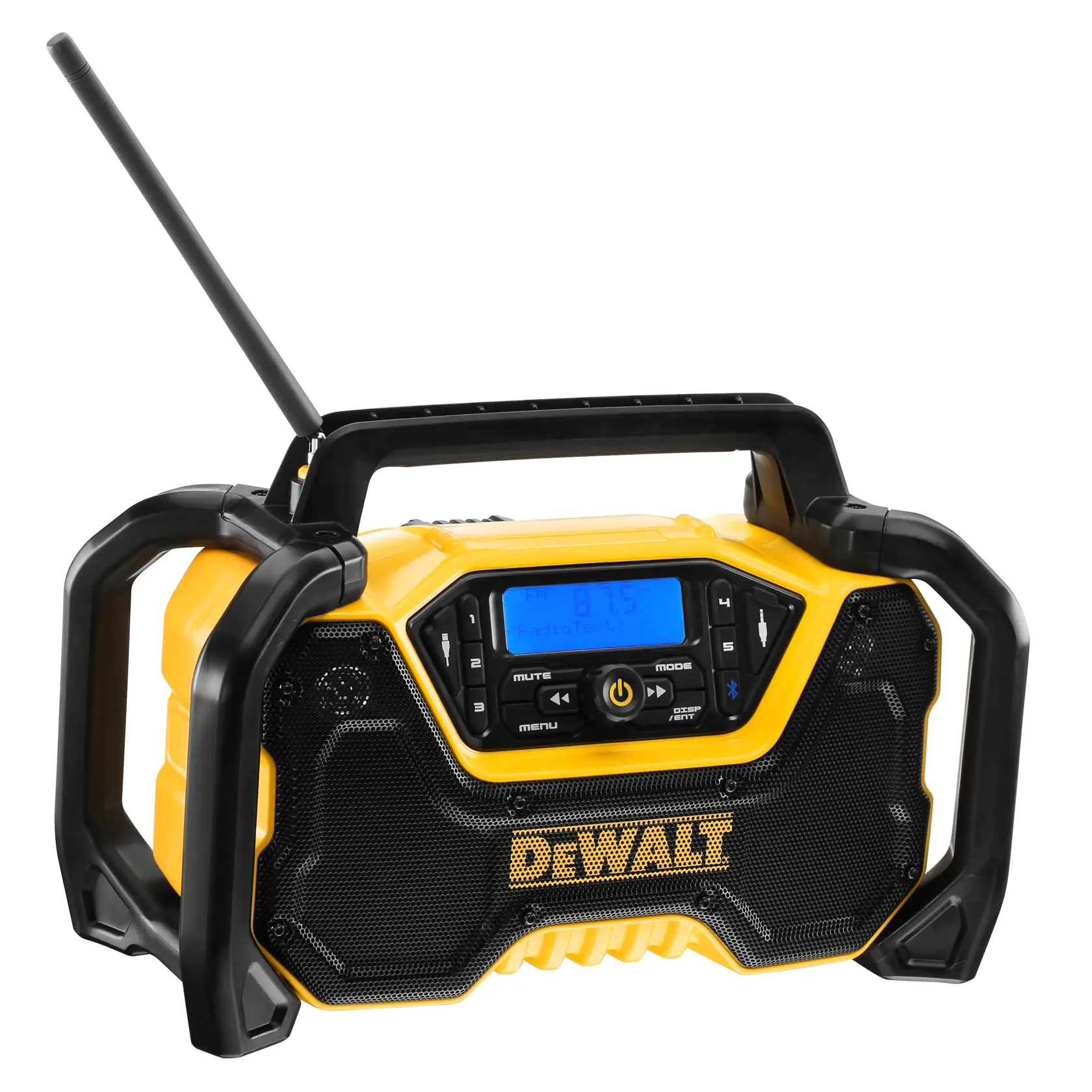 DEWALT radio with SKUs DCR029, DCZ1201P3-XE; yellow and black rugged design with antenna and display.