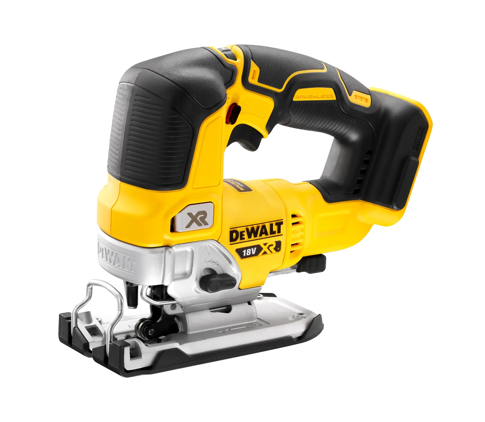 DEWALT DCS334N 18V cordless yellow and black jigsaw tool with ergonomic handle on a white background.