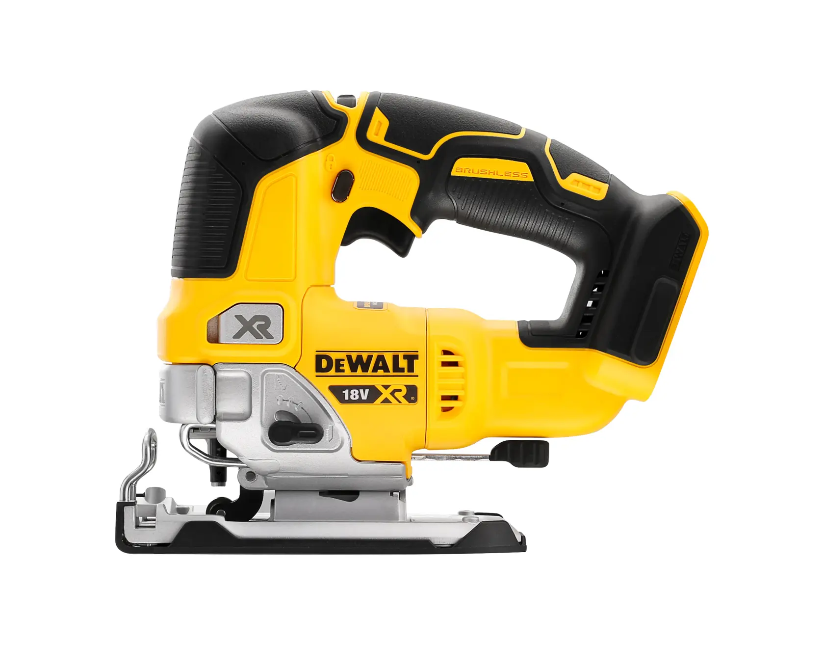 Yellow and black Dewalt DCS334N cordless jigsaw with ergonomic grip, shown on a white background.