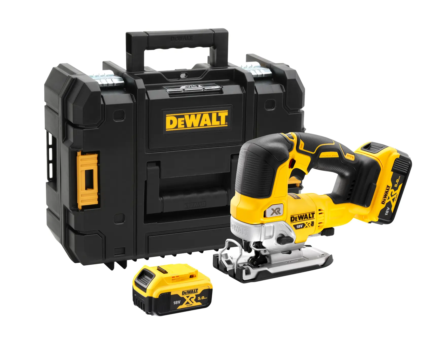 DEWALT cordless jigsaw kit with battery and carrying case, black and yellow design, model DCS334P2.