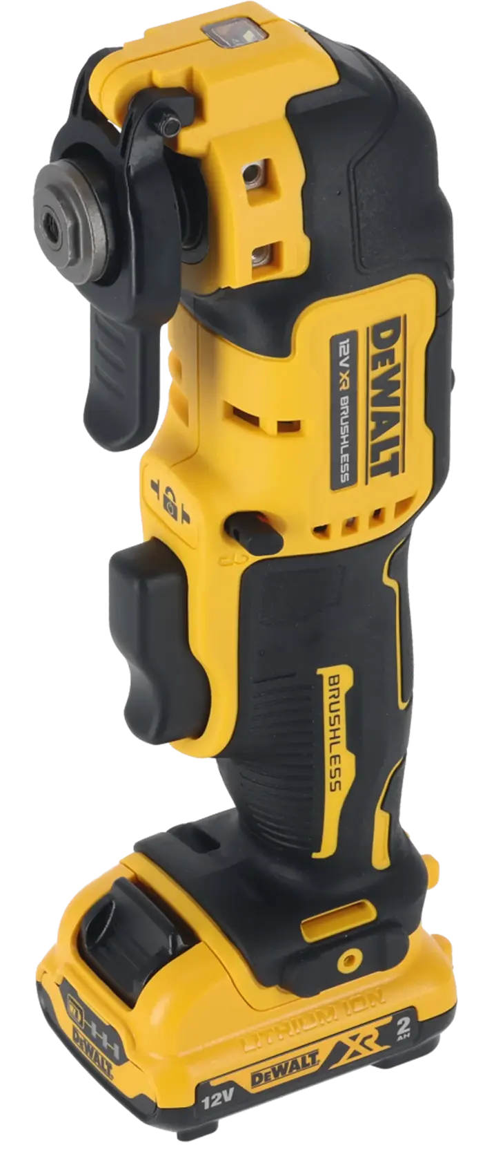 DEWALT cordless oscillating multi-tool, yellow and black, brushless, 12V battery, standing upright.