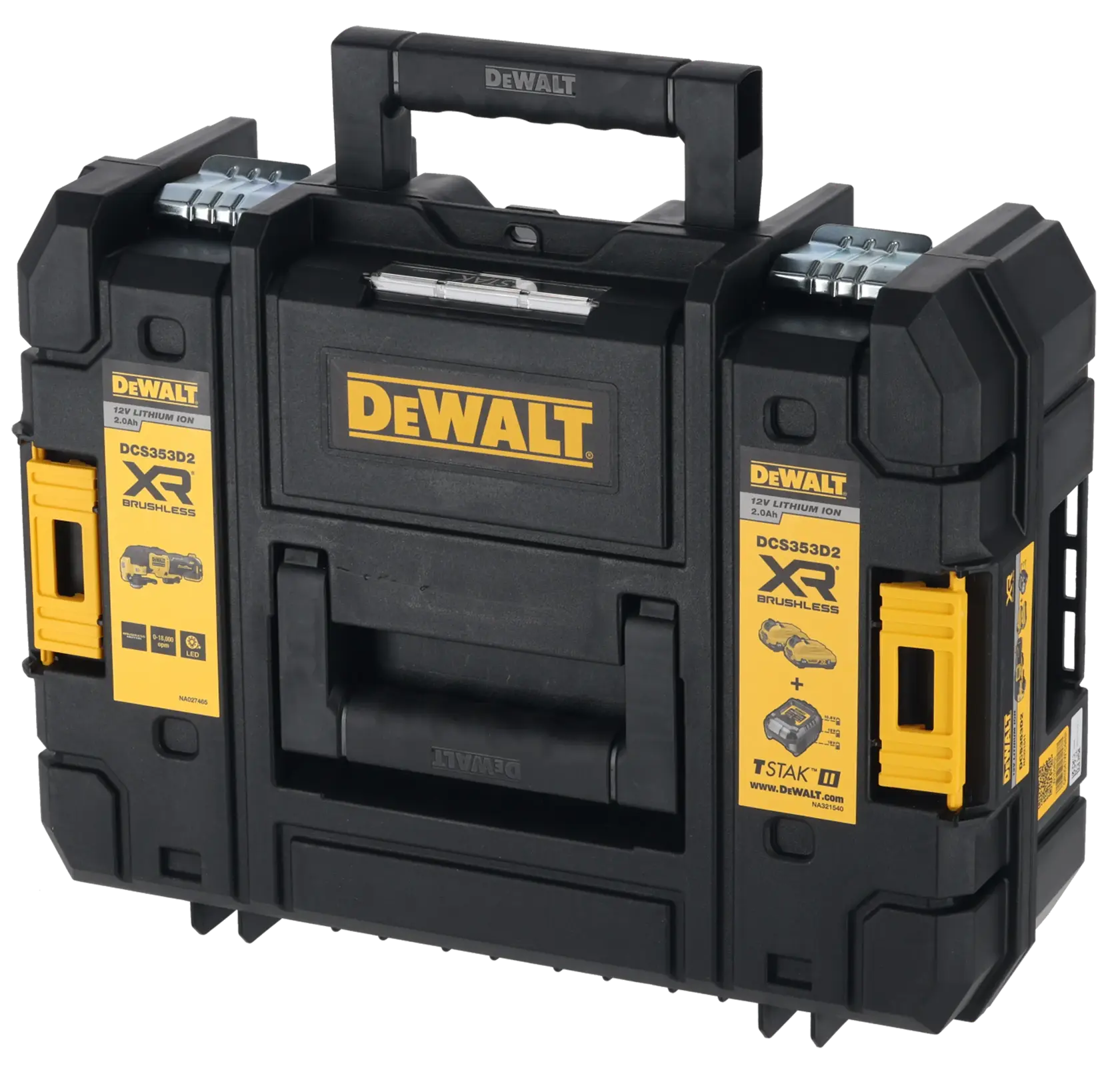 DEWALT DCS353D2 tool case, black with yellow labels, sturdy handle, XR brushless, TSTAK compatible.