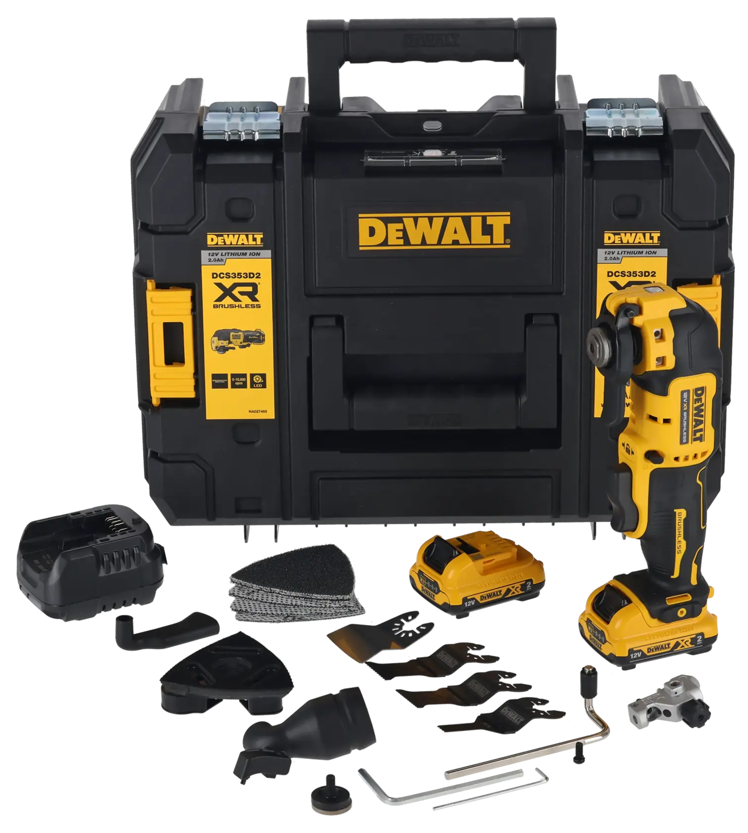 DEWALT DCS353D2 brushless cordless oscillating multi-tool kit with a black and yellow carrying case, tool, two batteries, charger, sanding pads, blades, and multiple accessories displayed.