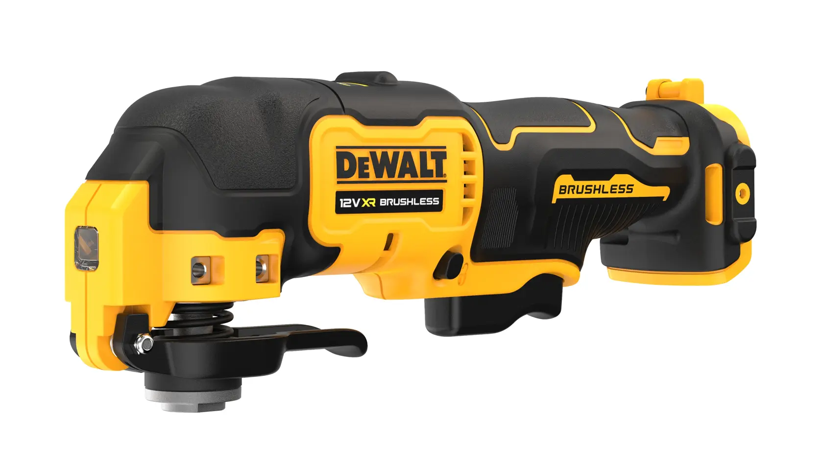 DEWALT 12V XR brushless oscillating tool, yellow and black, shown on white background.