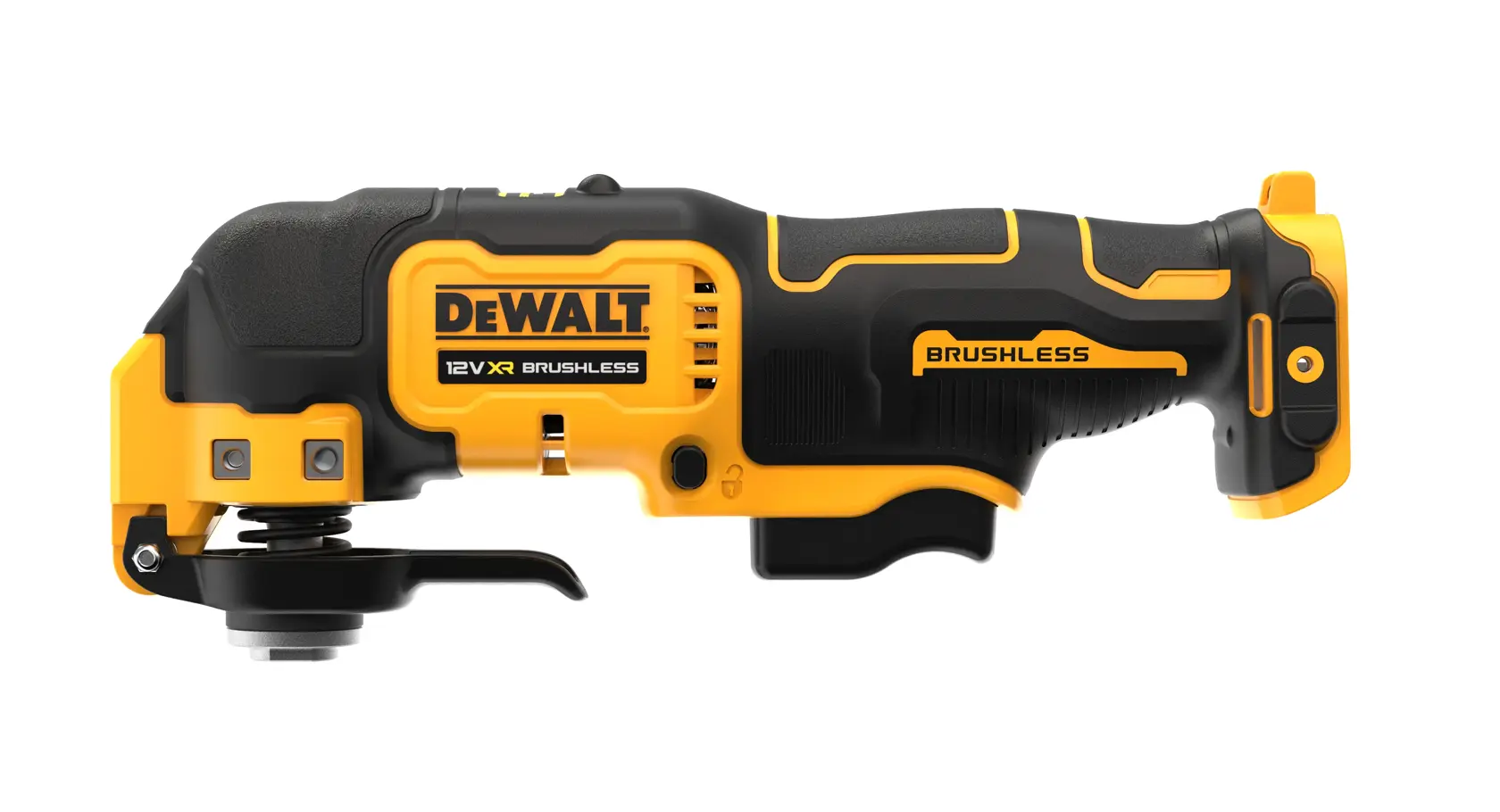 DEWALT 12V XR brushless oscillating multi-tool, yellow and black, side view, for cutting and sanding tasks.