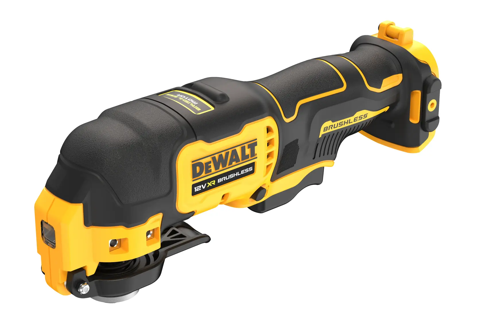 DEWALT 12V XR brushless oscillating multi-tool in black and yellow, shown without battery attached.