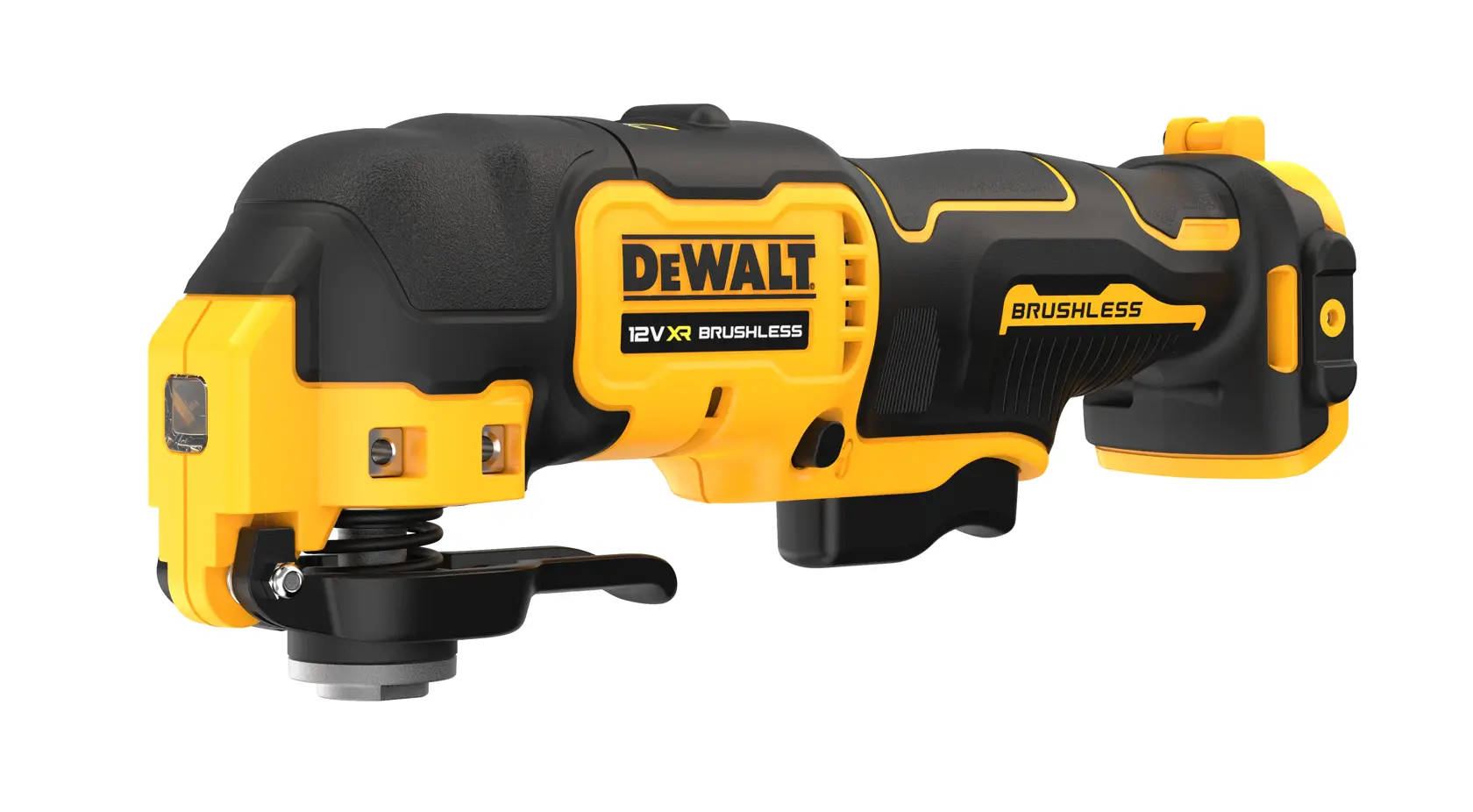 Herramienta multifunción DEWALT 12V XR brushless amarilla y negra, vista lateral sobre fondo blanco.