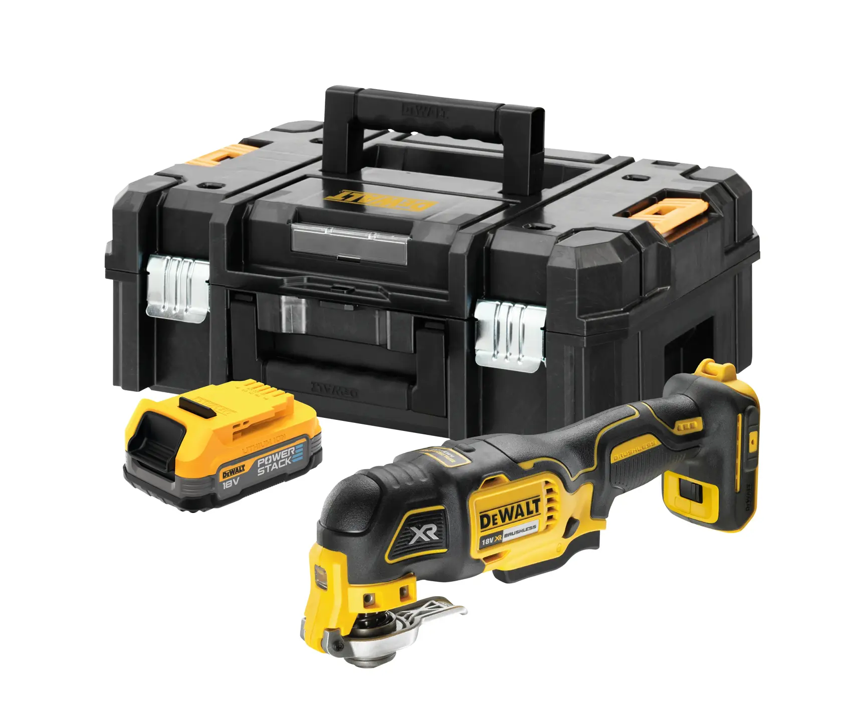 DEWALT cordless multi-tool with battery and storage case, all in black and yellow.