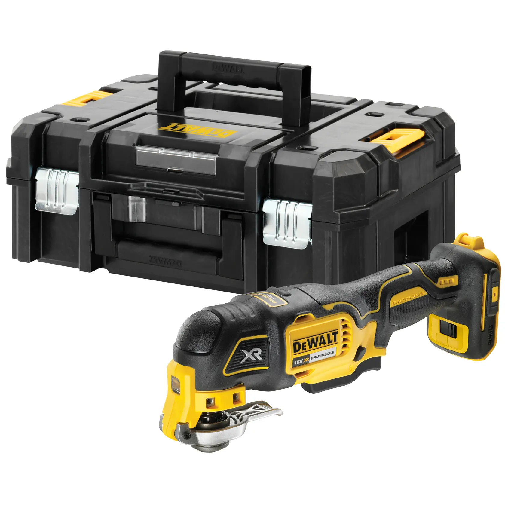 DEWALT DCS356NT cordless multi-tool and sturdy black storage case with yellow accents.