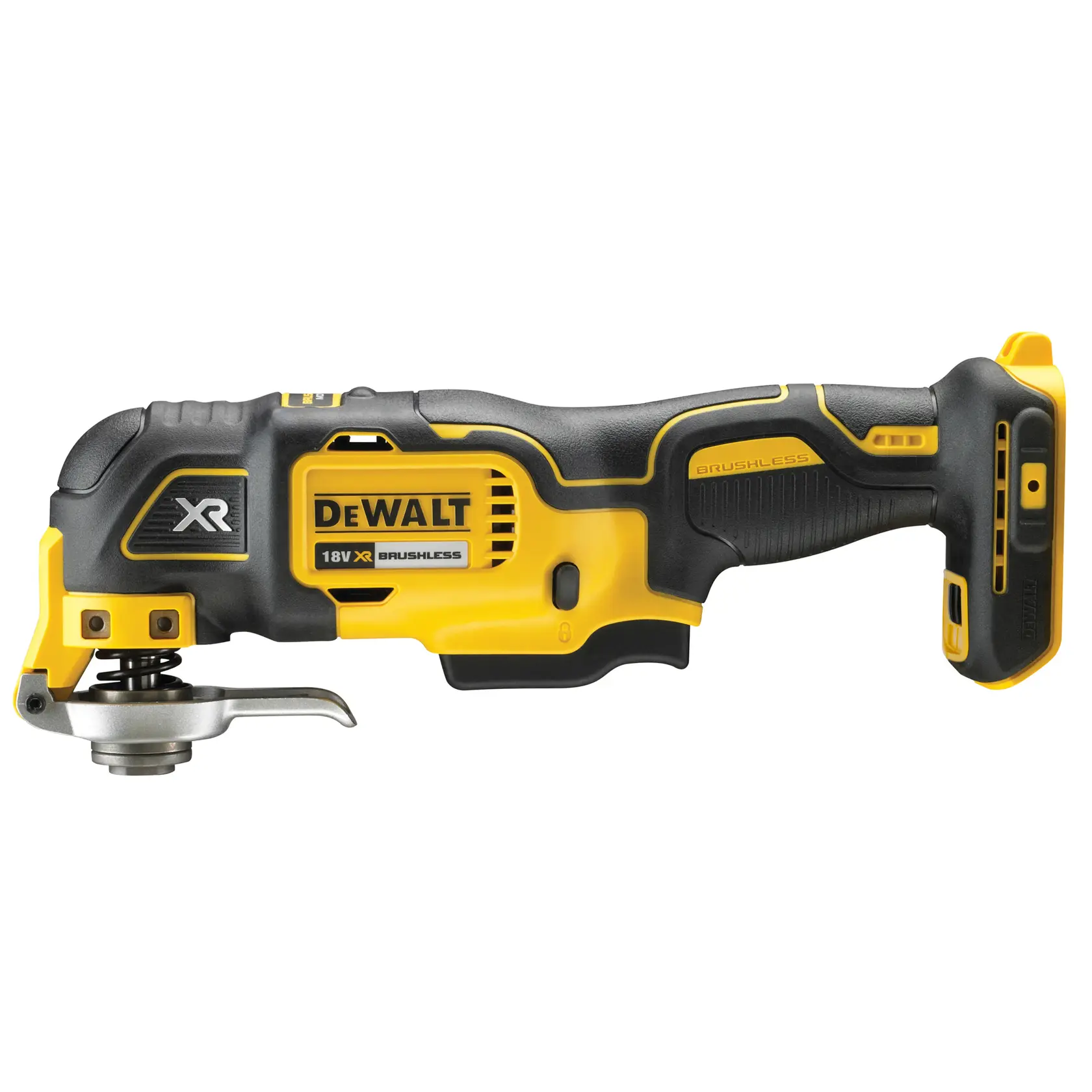 DEWALT DCS356N 18V XR brushless oscillating multi-tool in yellow and black, shown on a white background.