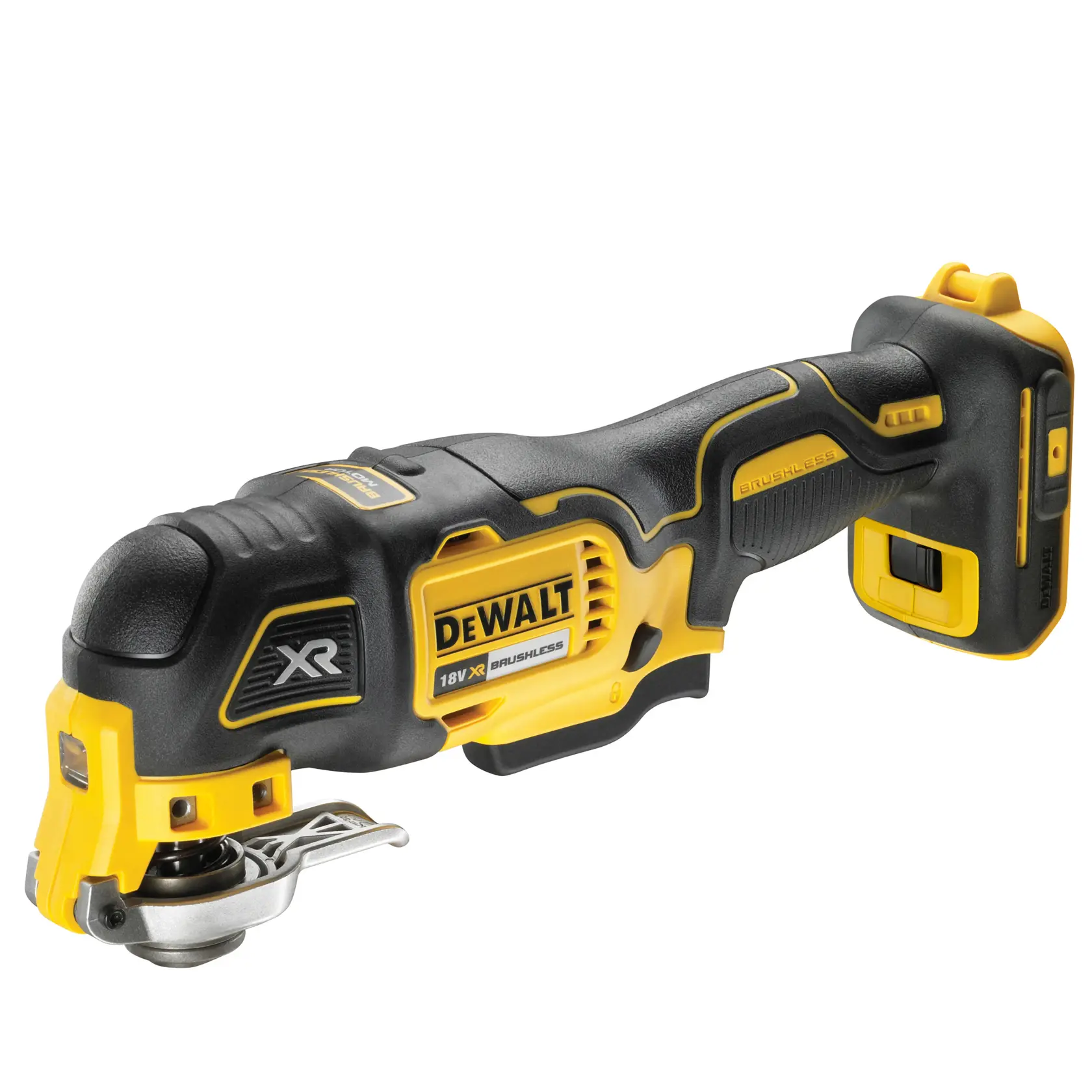 Herramienta oscilante inalámbrica DEWALT, negra y amarilla, modelo DCS356P2, sobre fondo blanco.