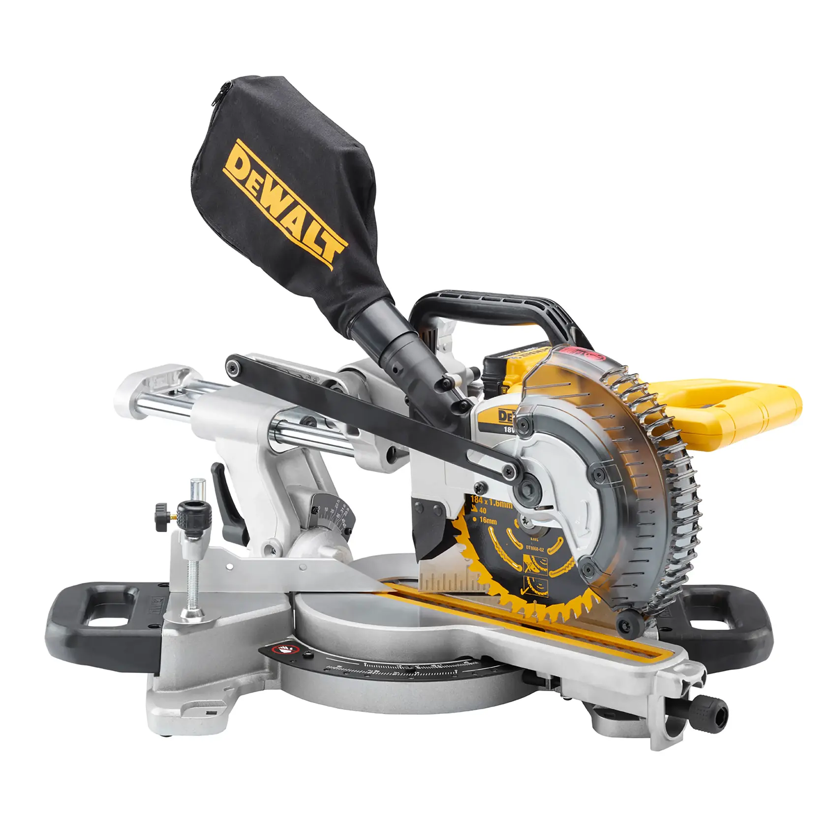 DEWALT DCS365N Zug-Kappsäge mit Staubbeutel, seitlich auf weißem Hintergrund. Das Werkzeug verfügt über einen gelben Griff und einen Klingenschutz und ist für präzise Holzbearbeitung ausgelegt.