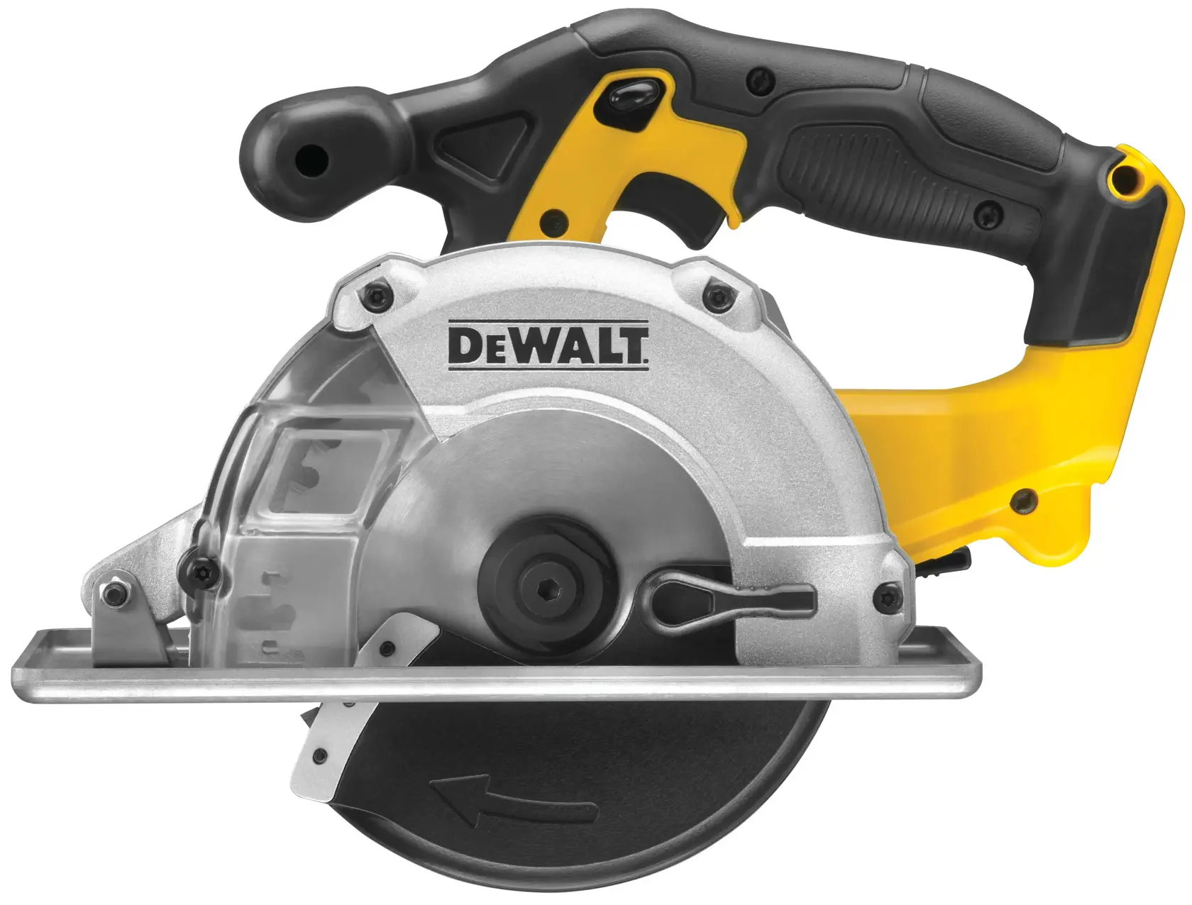 Sierra para metal DEWALT DCS373N inalámbrica con mango negro y amarillo y protector de hoja plateado.