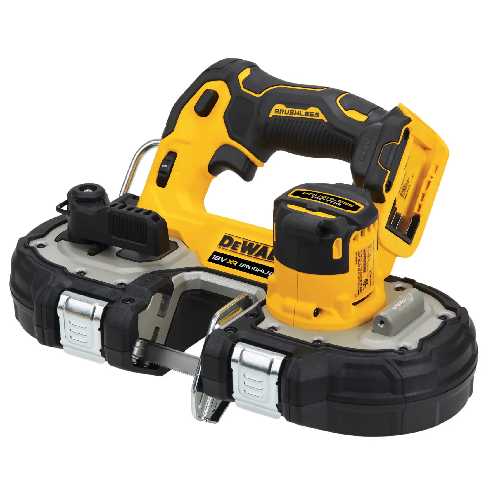 Scie à ruban sans fil DEWALT, jaune et noire, avec moteur brushless et poignée ergonomique.