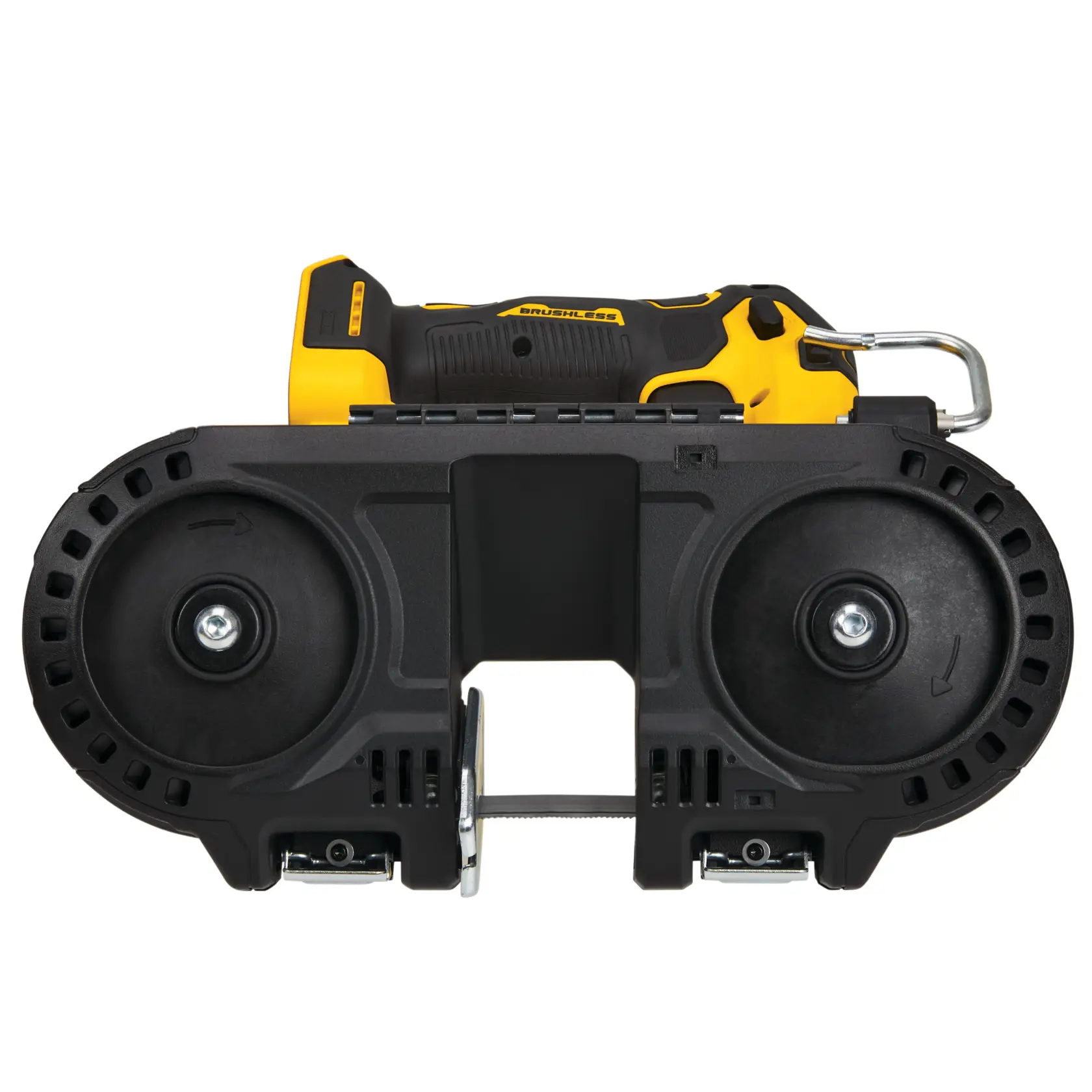 Scie à ruban sans fil DEWALT DCS377NT jaune et noire, vue de face.