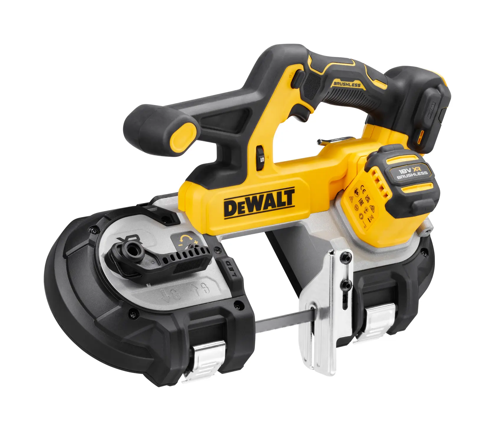 DEWALT cordless band saw DCS378N, yellow and black, shown with battery attached.