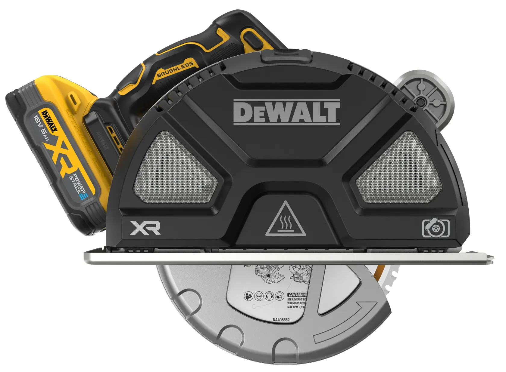 DEWALT cordless circular saw with XR brushless motor and 18V battery, shown from the side angle.