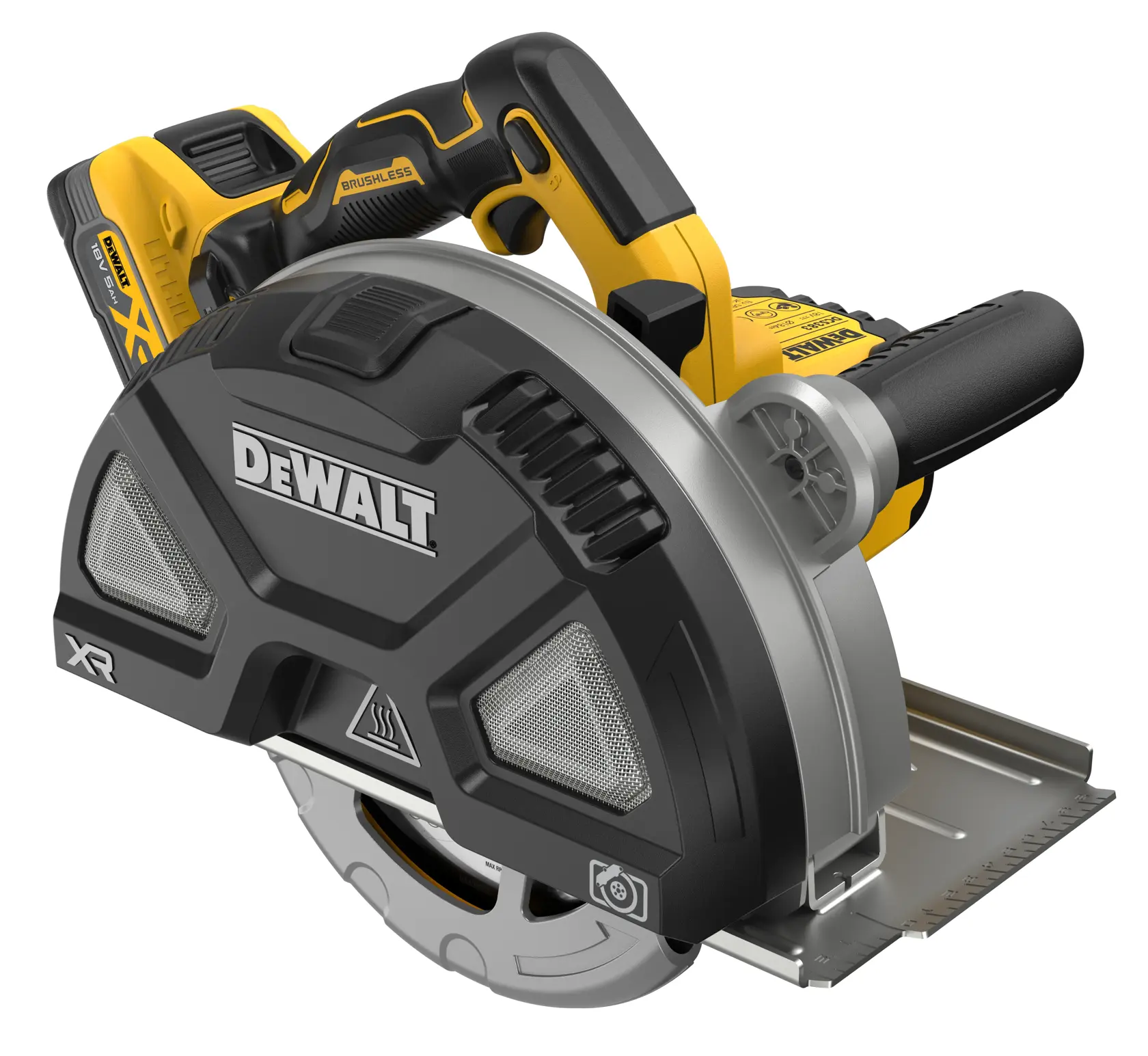 DEWALT cordless circular saw with black and yellow design, branded blade guard, and ergonomic handles.