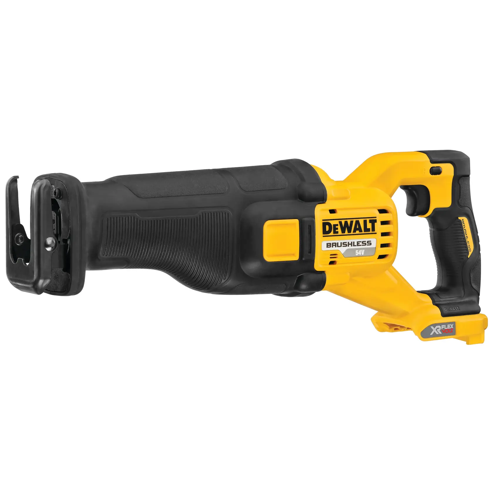DEWALT DCS389N brushless reciprocating saw with black and yellow body, suitable for heavy-duty cutting tasks.