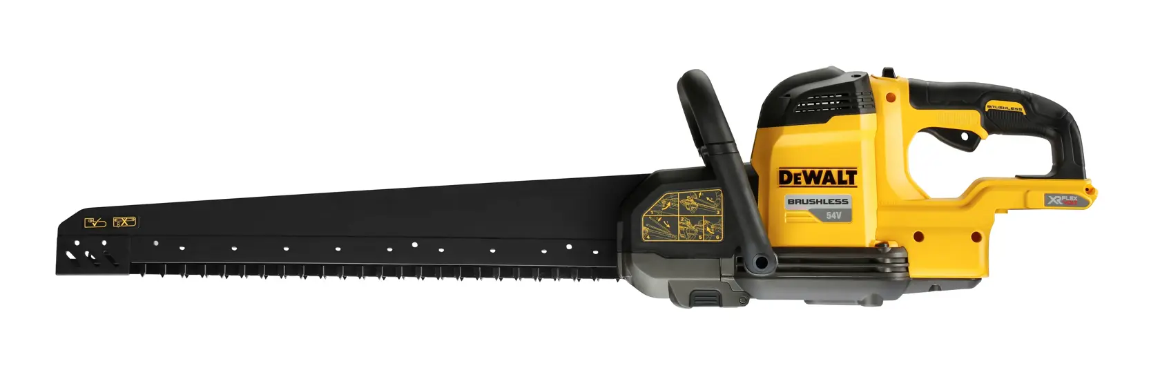 DEWALT cordless masonry saw with long black blade and yellow body, suitable for cutting construction materials.