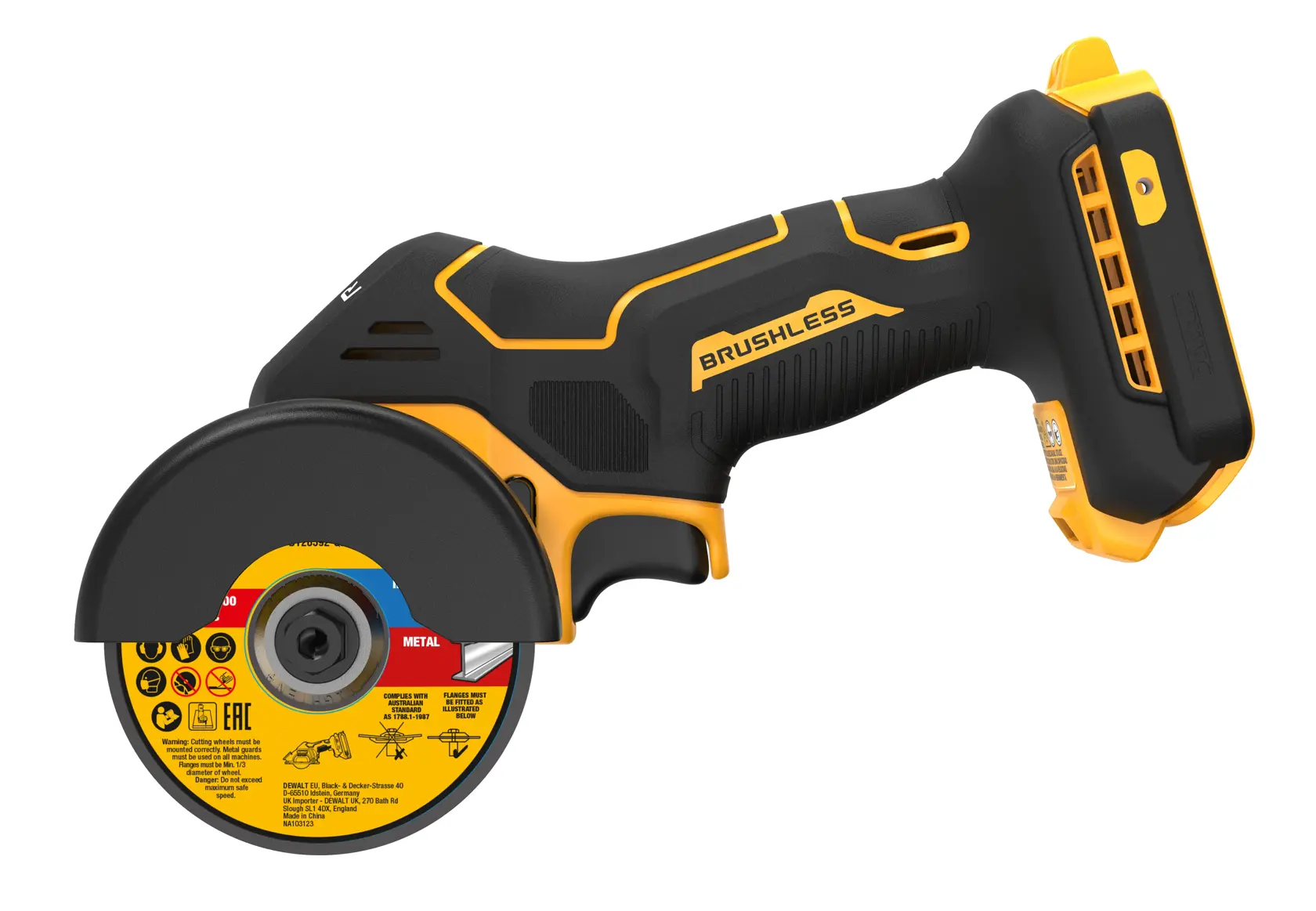 En DEWALT trådløs, børsteløs vinkelsliper med gult og svart design og beskyttelsesdeksel rundt kutteskiven.