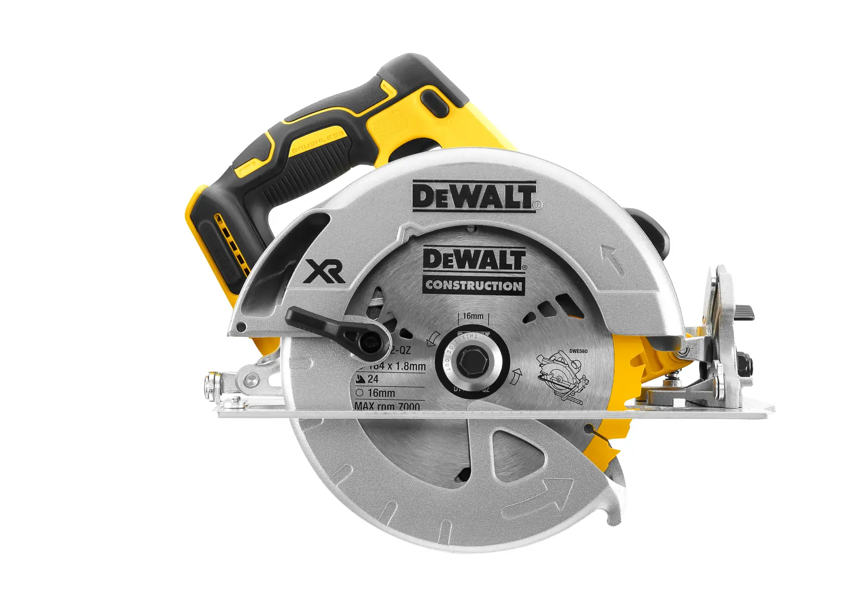 DEWALT DCS570N cordless circular saw with silver blade guard and black-yellow handle, front view.